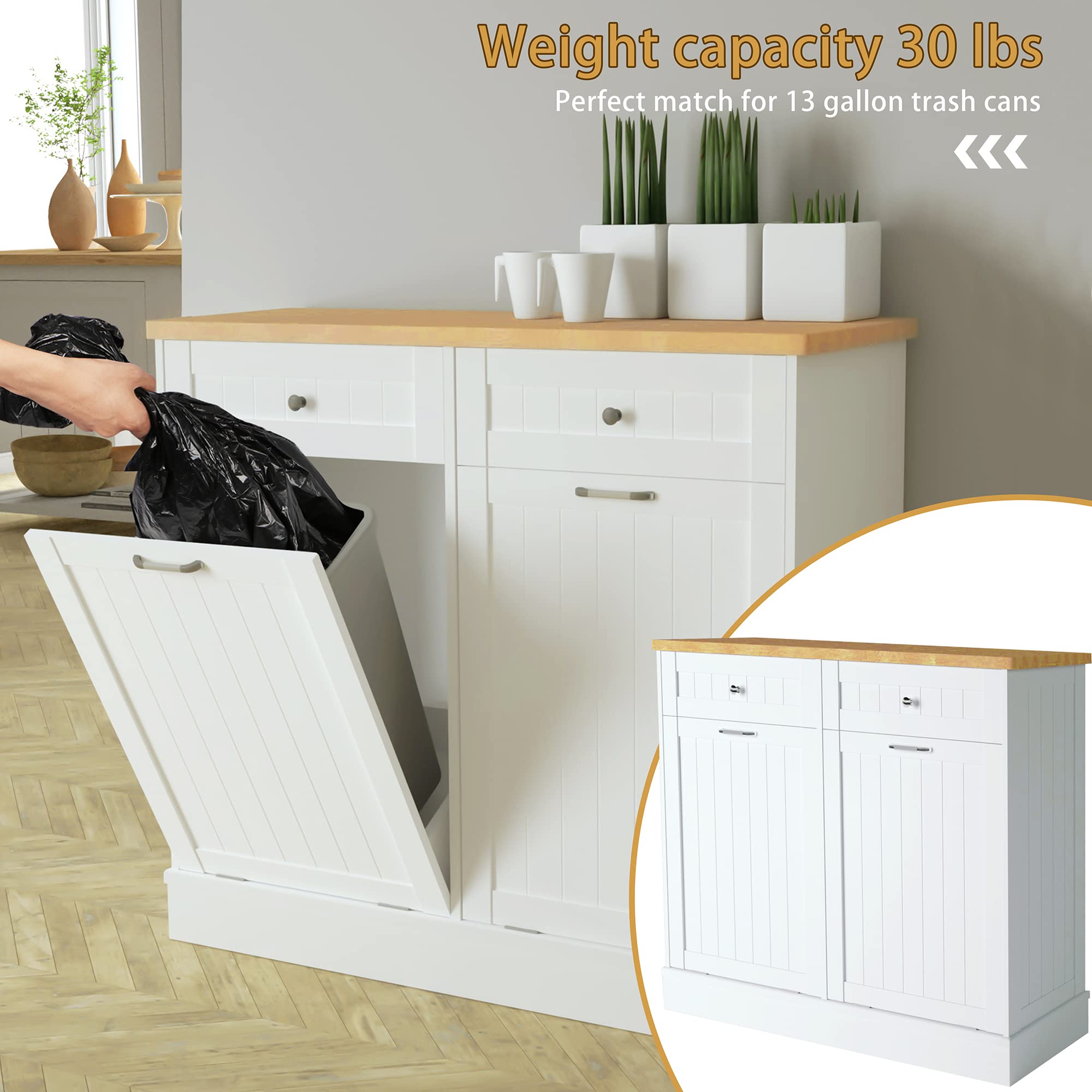Betterhood Double Tilt Out Trash Cabinet 20 Gallon, Trash Can Cabinet For Kitchen With Drewers & Solid Wooden Tabletop Free Stan