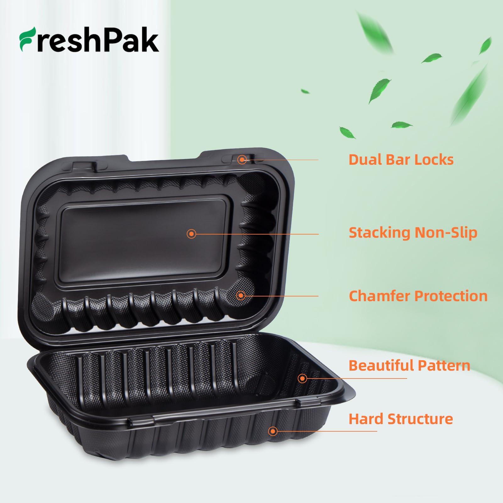 Freshpak To Go Containers, 27 Oz Plastic Black Take Out Food Containers For Lunch 50 Pack Reusable Bpa-Free Heavy-Duty Hinged Mf
