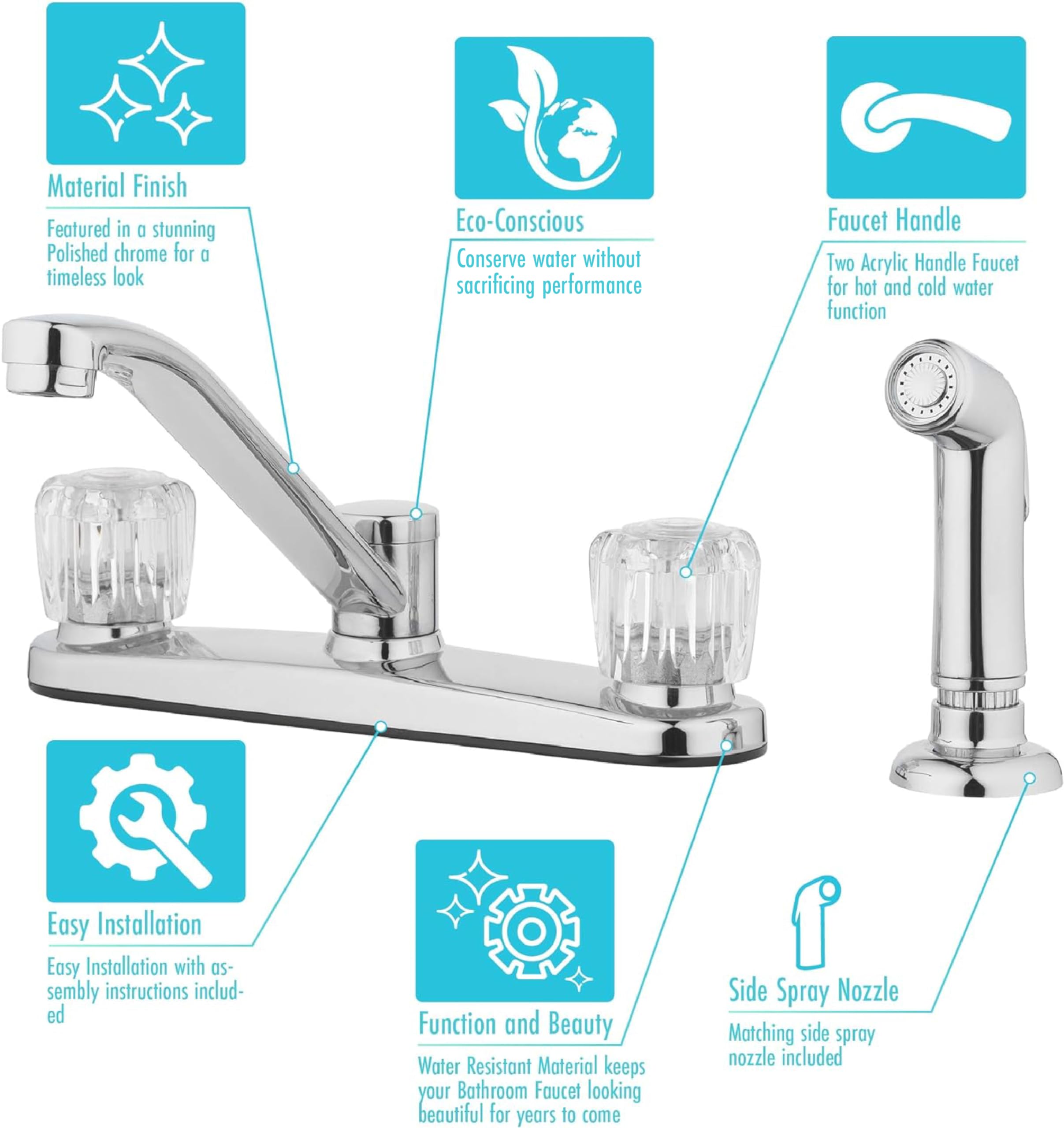 Aqua Vista 26-K82CS-CH-AV Two Handle Kitchen Sink Faucet with Side Spray  Polished Chrome Round Knobs