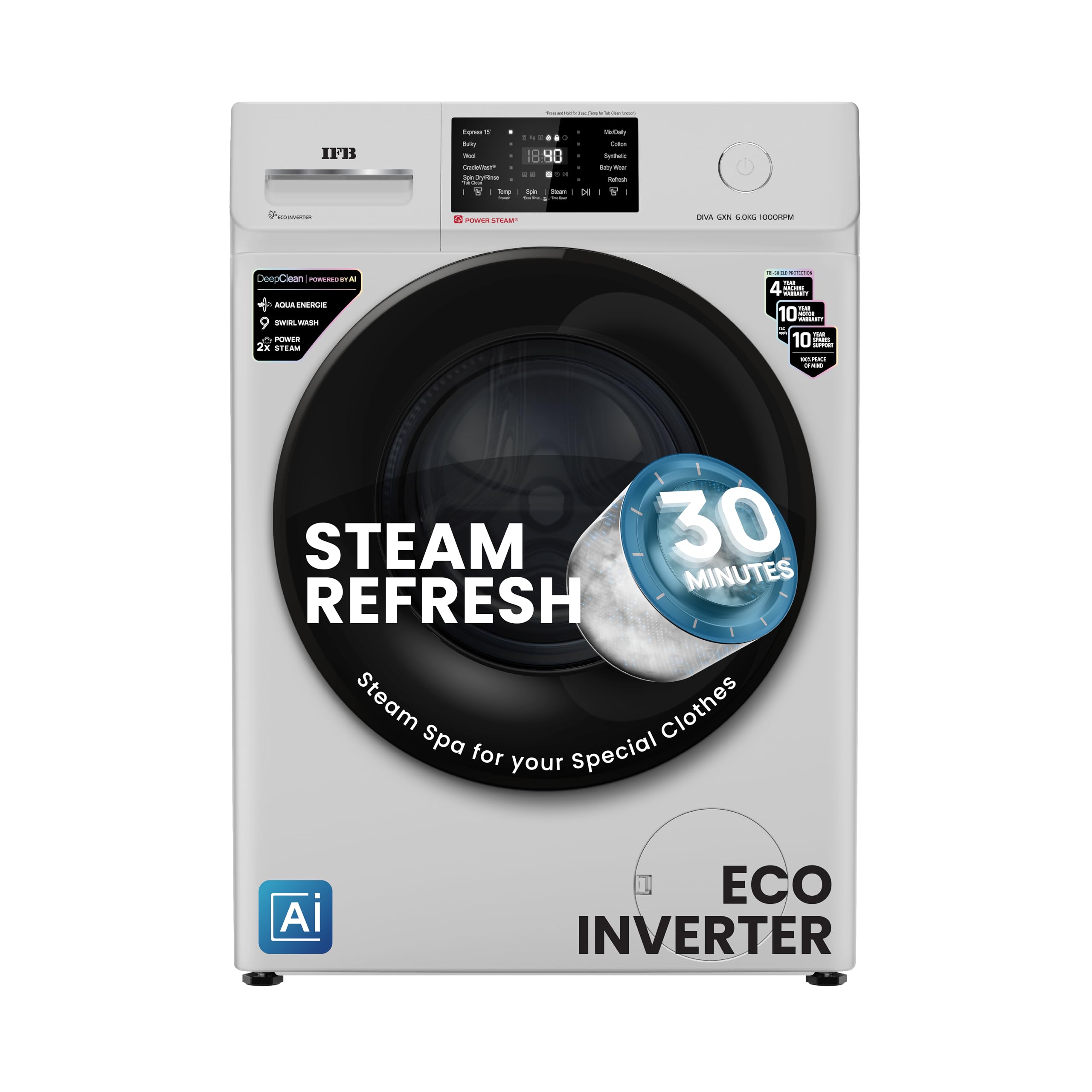 Ifb 6 Kg 5 Star, Deepclean Technology, Ai Powered, Fully Automatic Front Load Washing Machine (Diva Gxn 6010 Cms, Powersteam, 9 