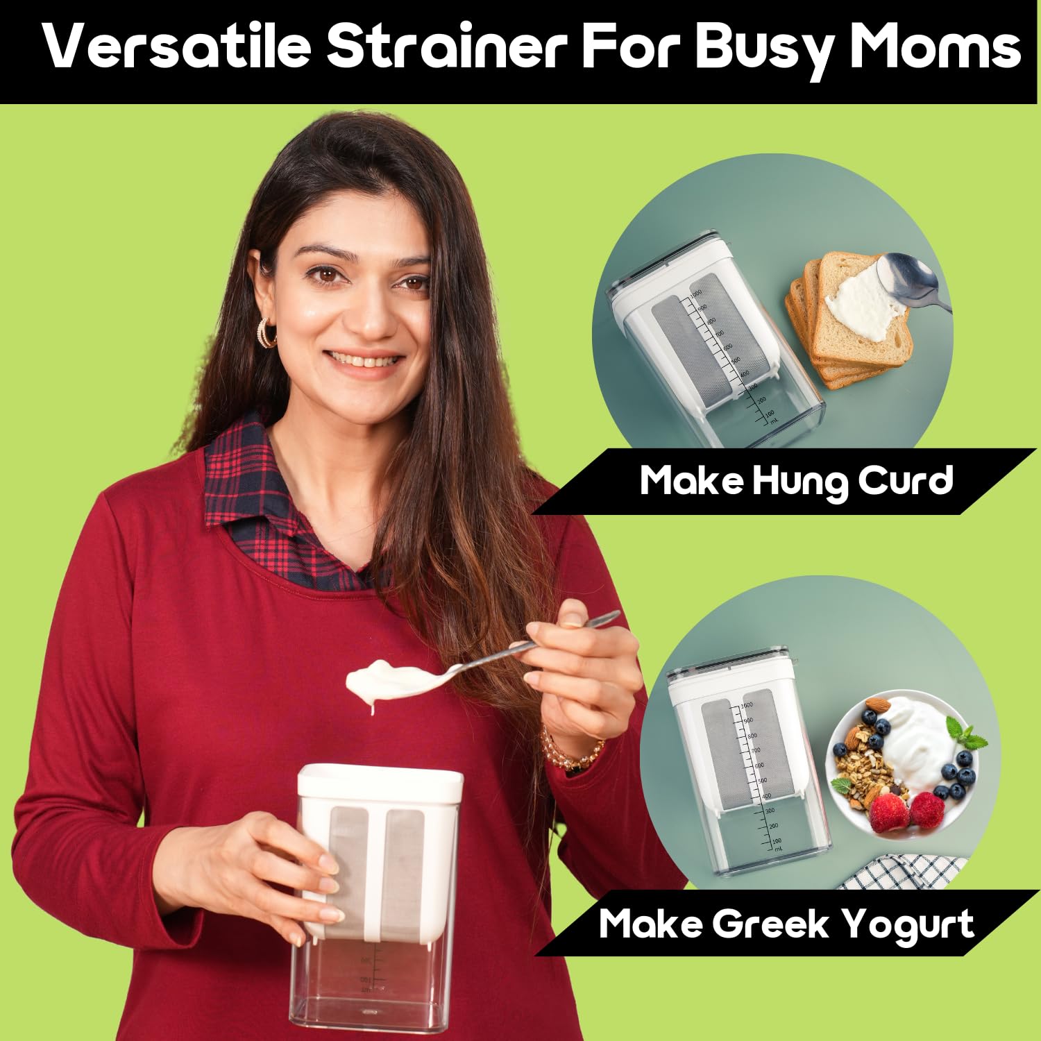 Instacuppa Greek Yogurt Strainer, 1100Ml Multi Yoghurt Maker Strainer With Fine Mesh Bag & Lid For Thick Greek Yogurt, Soybean M