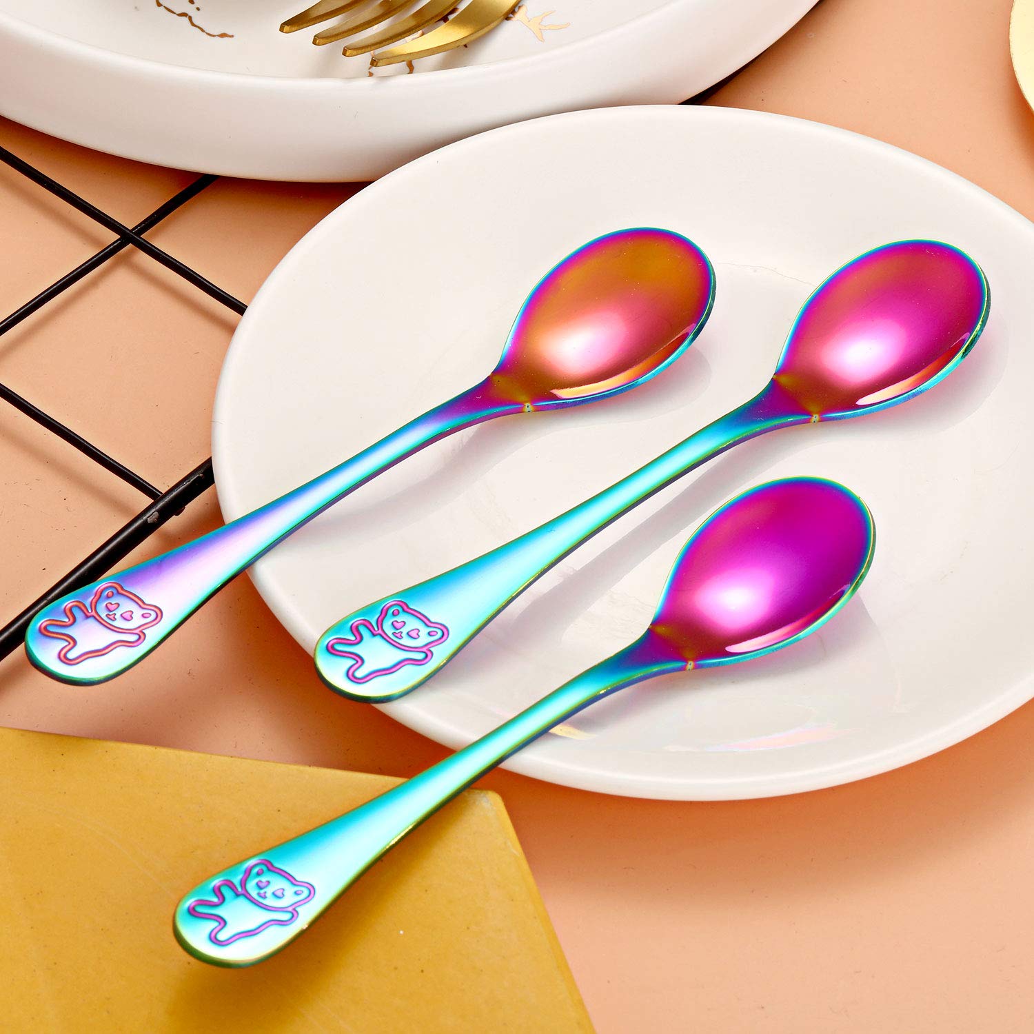 Boao 6 Pieces Rainbow Kids Spoons Stainless Steel Rainbow Kids Cutlery Kids Silverware Kids Utensil Child and Toddler Safe Flatw