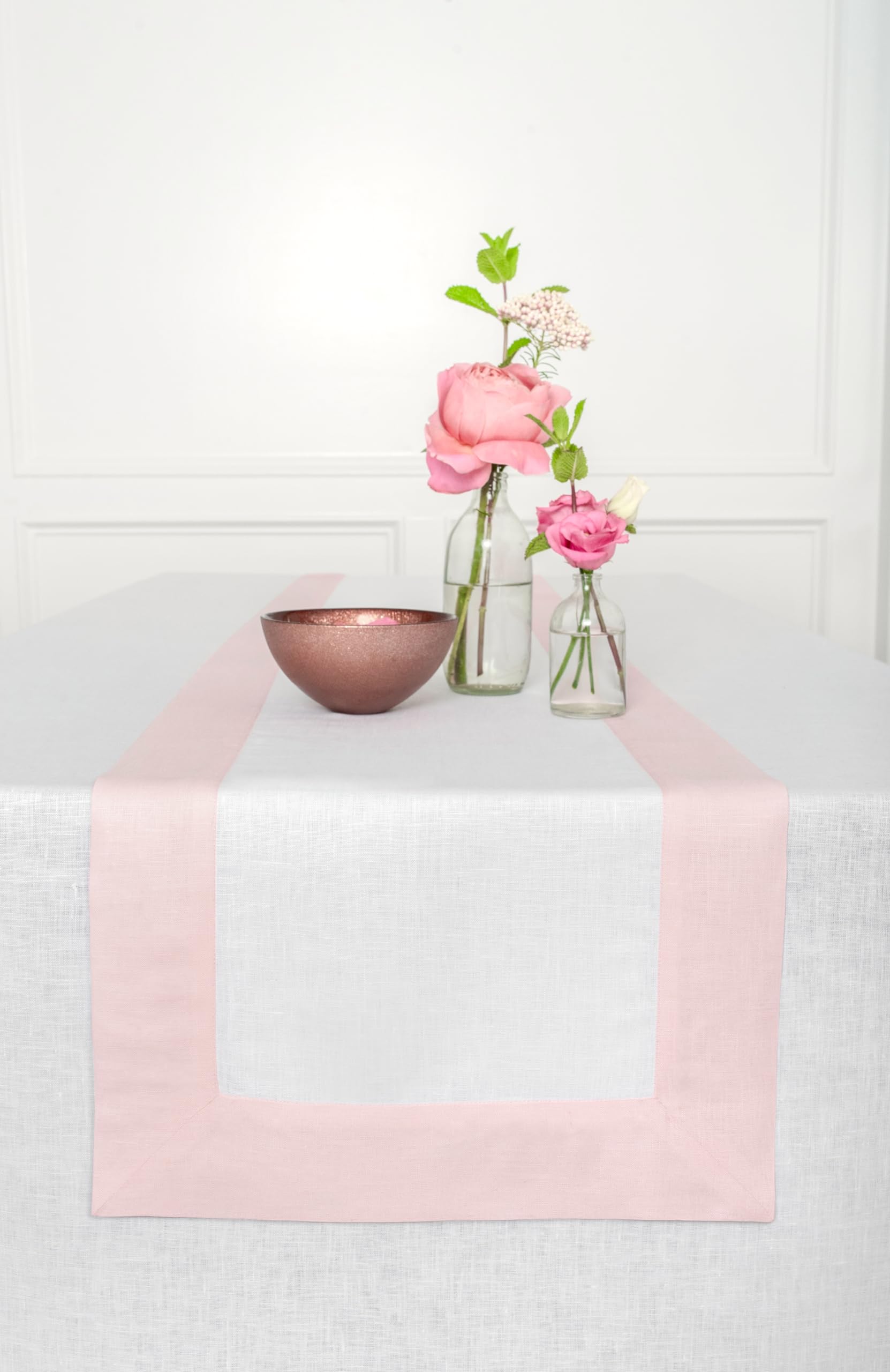 Solino Home Linen Table Runner 48 Inch - Contempo, 100% Pure Linen Blush Pink And White Short Table Runner 14 X 48 Inch Ideal Fo