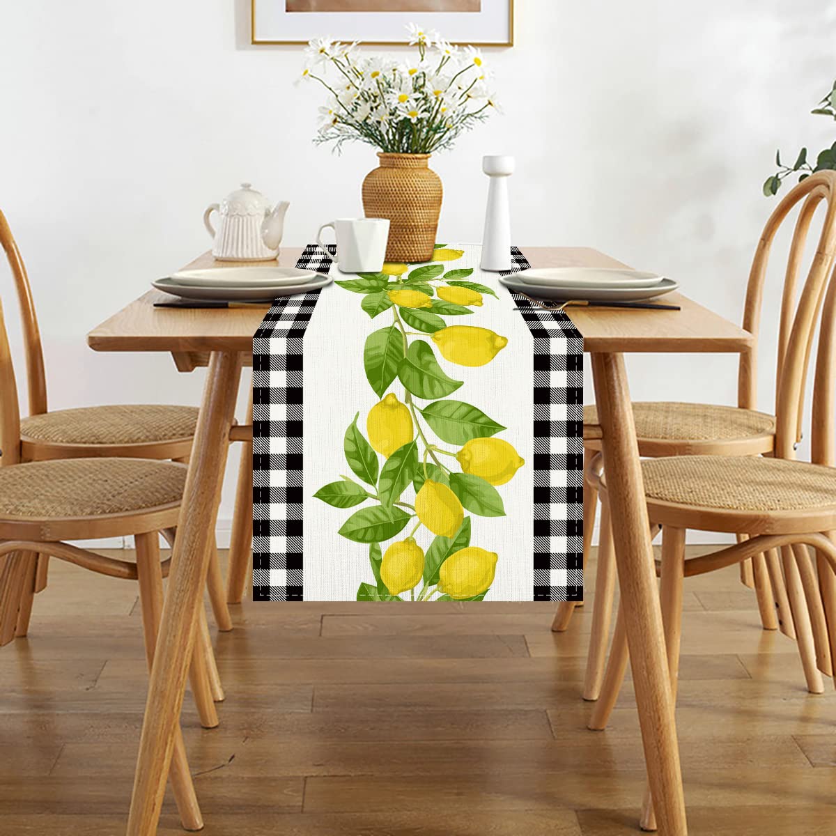 Linen White And Black Buffalo Plaid Check Lemon Table Runner 72 Inches Long Farmhouse Style Spring Summer Home Kitchen Dinding R