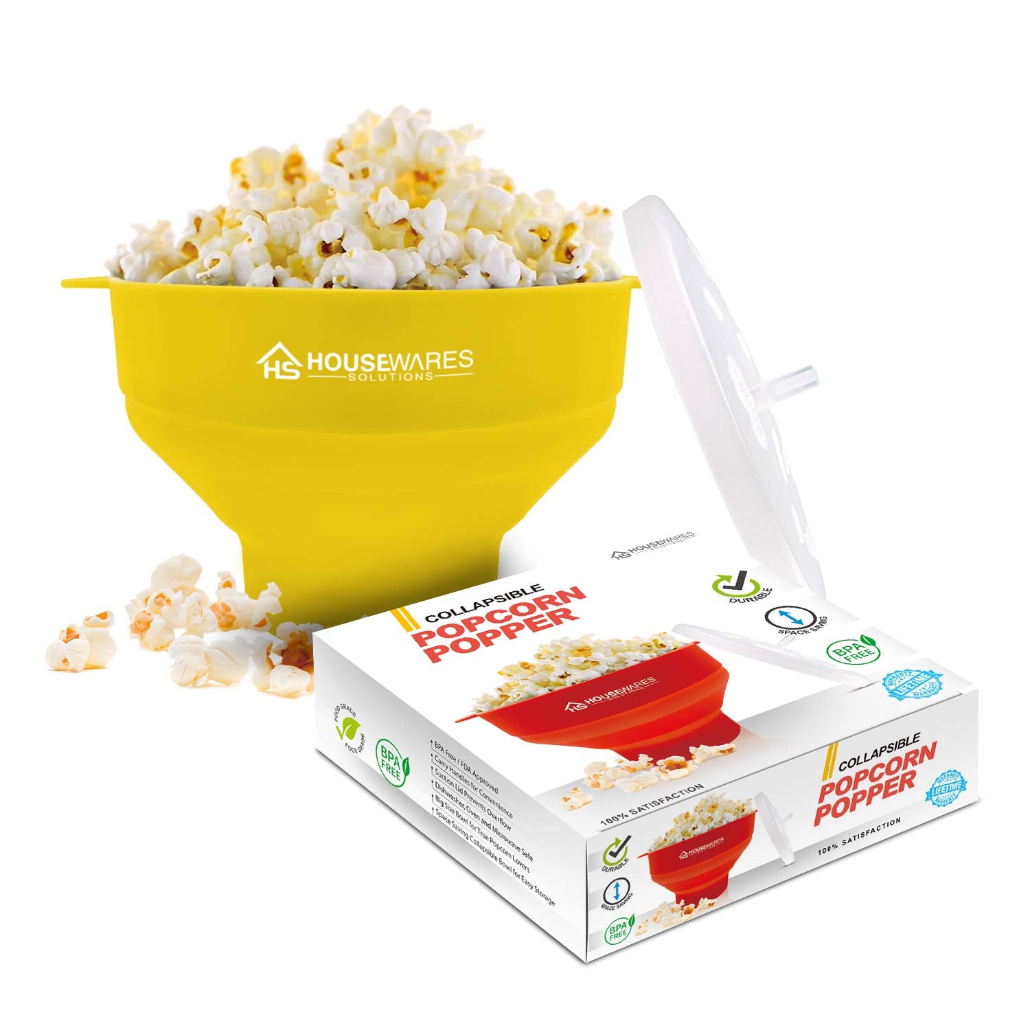 Collapsible Silicone Microwave Hot Air Popcorn Popper Bowl With Lid And Handles (Yellow)