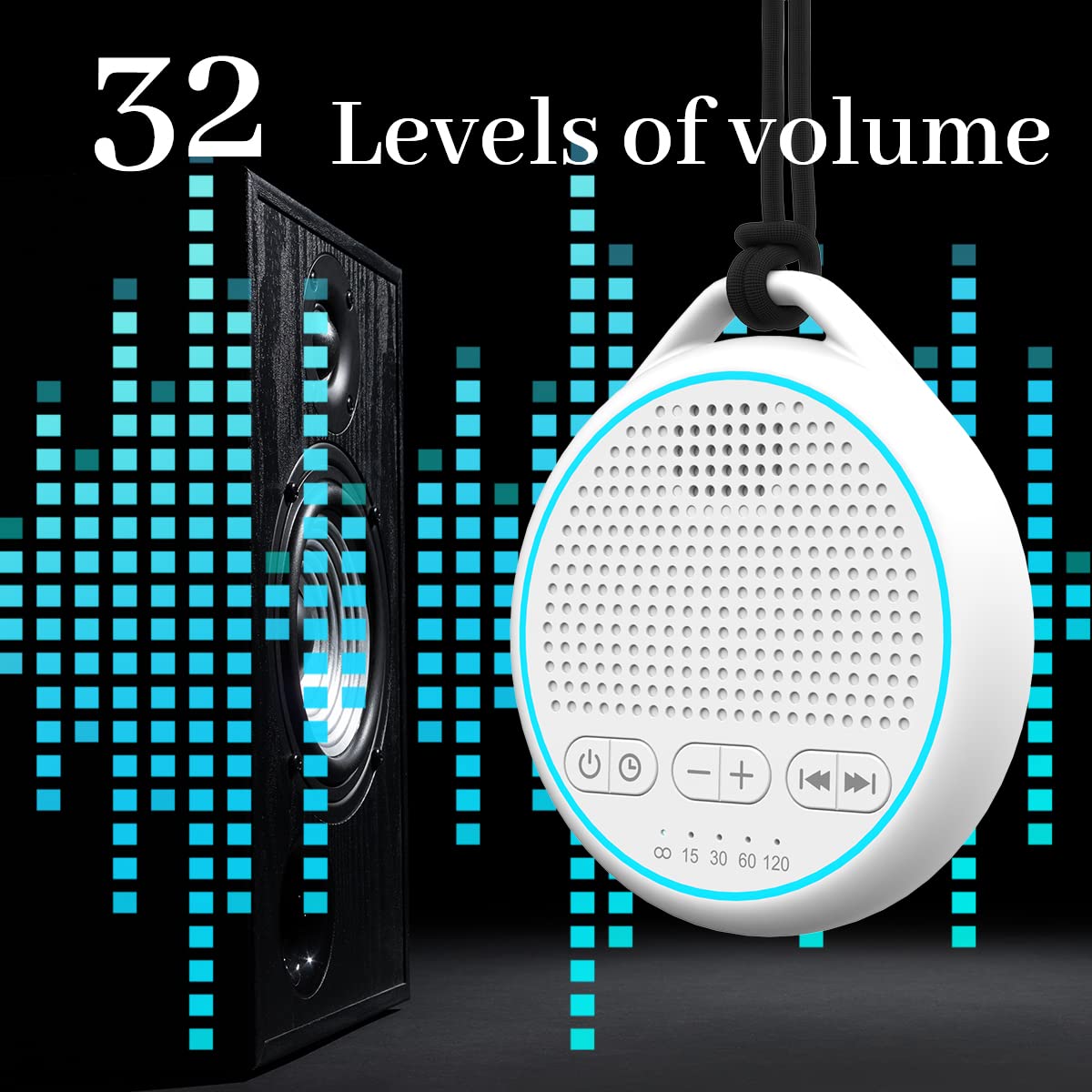 Fourair White Noise Sound Machine with 25 Soothing Sounds Powered by USB or Battery Portable Lanyard for Travel 32 Volume Levels 5 Timers and Memory Function for Baby Kids Adults Sleeping (White)