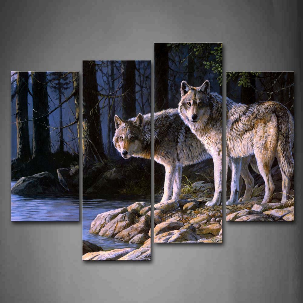 Two Wolf Stand On River Bank Forest Wall Art Painting Wolves Pictures Print On Canvas Animal The Picture For Home Modern Decorat