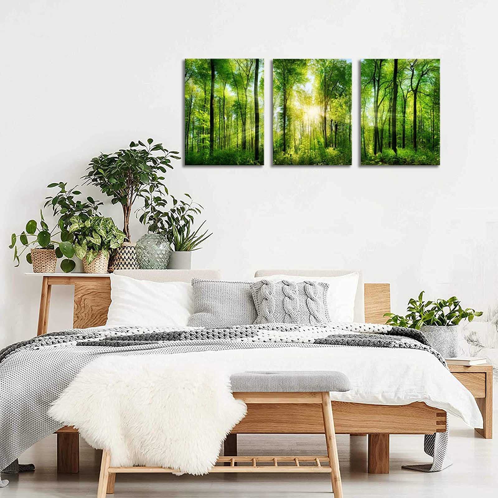 HLJ ART 3 Panels Morning Sunrise Green Trees Landscape Sunshine Over Forest Photograph Printed on Canvas for Home Wall Decoration (Green  12x16inchx3)