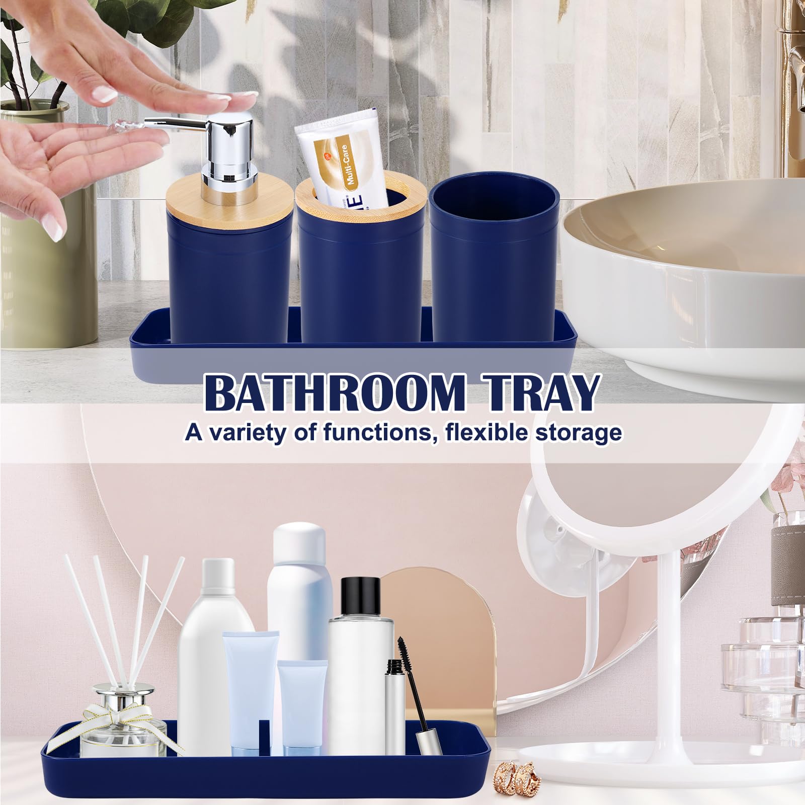 Imucci Bathroom Accessories Set Navy Blue Bathroom Decor Sets With Trash Can,Toilet Brush,Toothbrush Holder, Lotion Soap Dispens