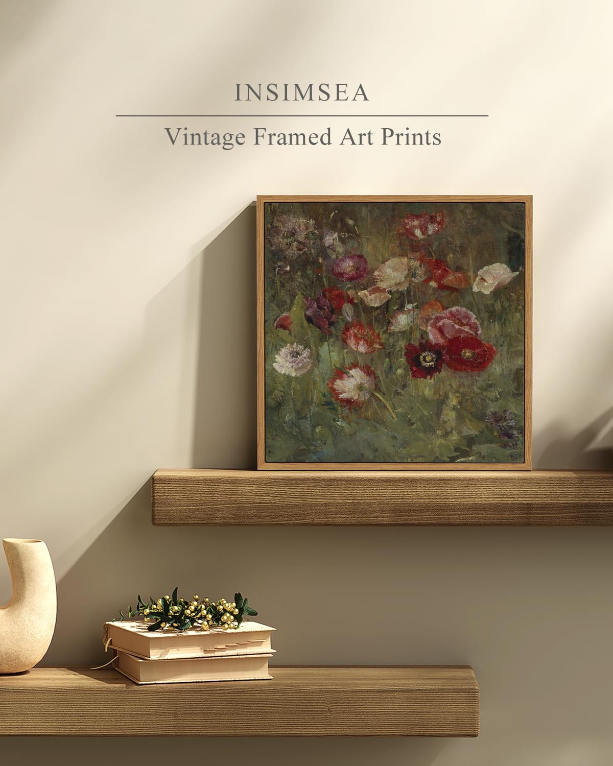 Insimsea Square Framed Canvas Wall Art, Flowers Home Decor Classical Floral Scenic Oil Paintings Wall Art Prints, Desk Decor, Ru