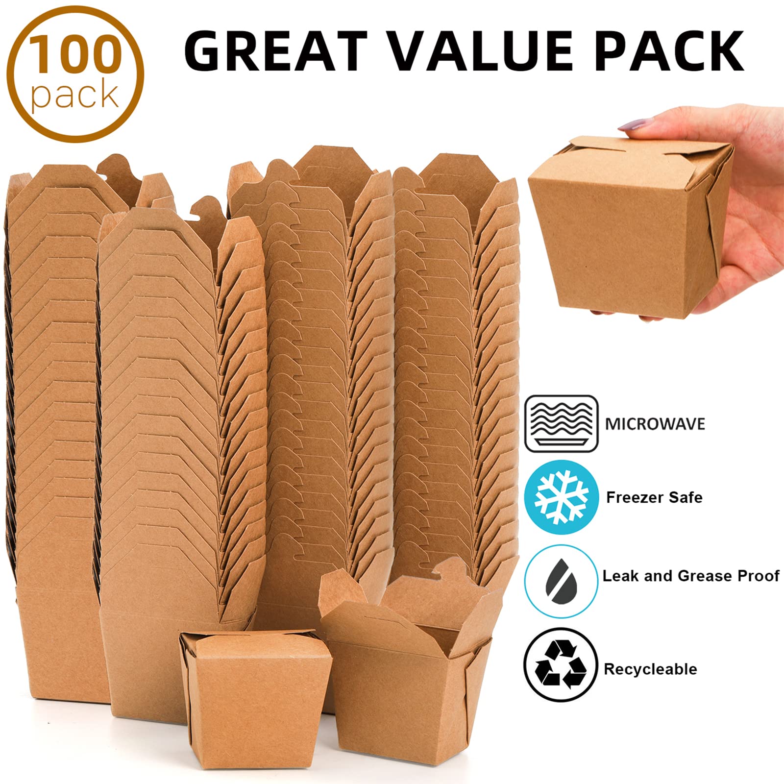 Deayou 100 Pack Chinese Food Container, Kraft Brown Cardboard Food Pails For Meal, Party, Microwaveable