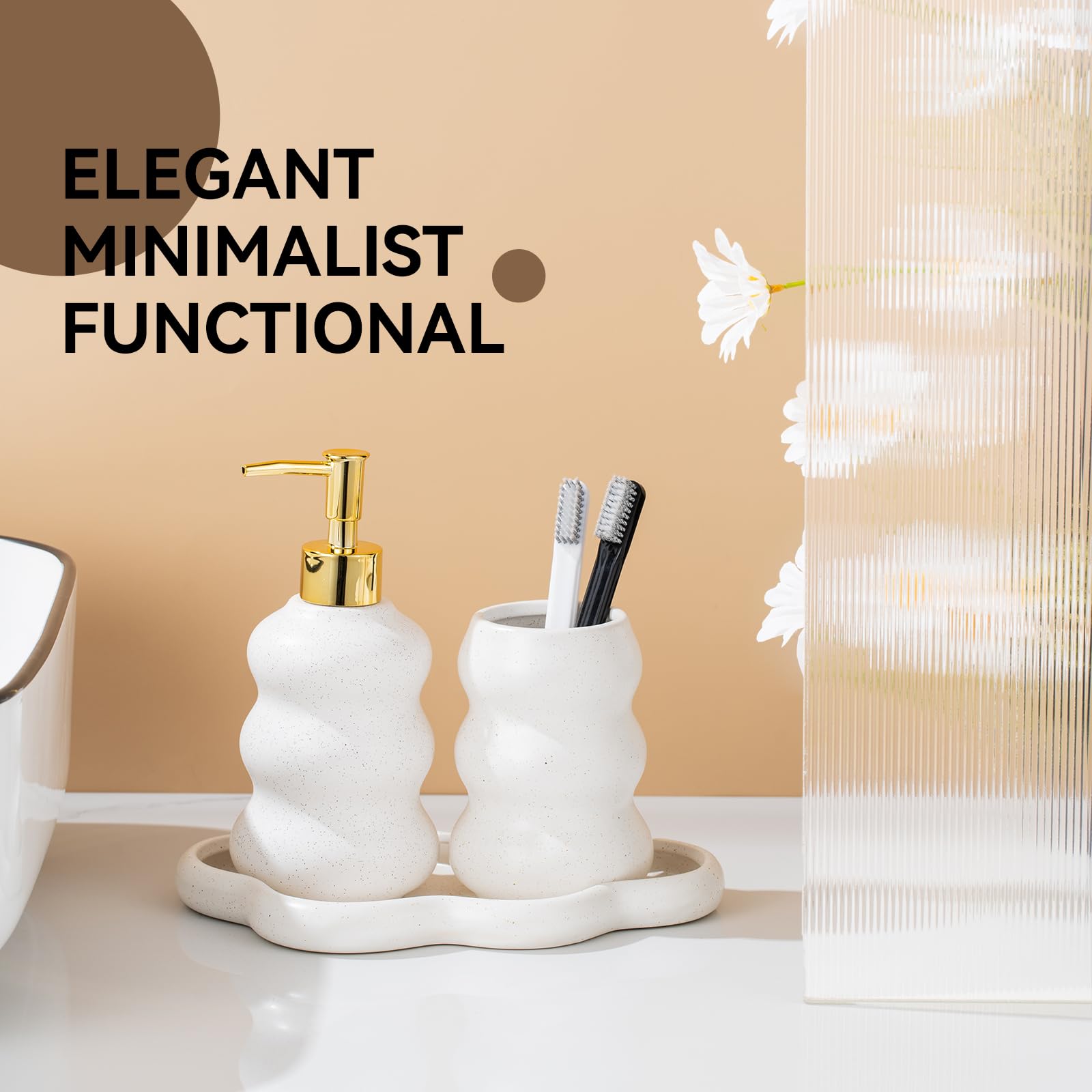 3-Piece Ceramic Bathroom Accessories Set With Sand Point Glaze Design - Tray, Lotion Dispenser, And Tumbler - Bring Nature To Yo