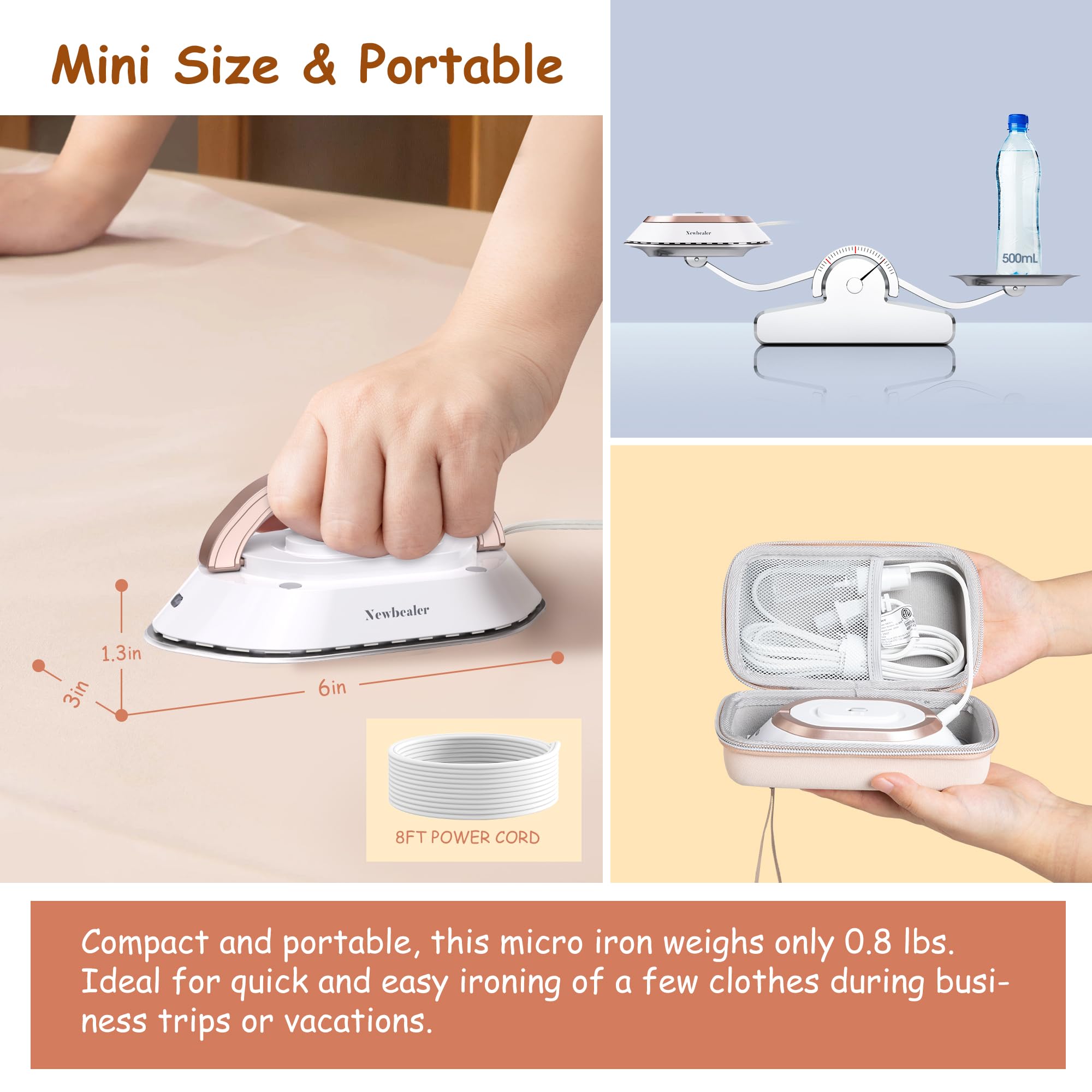 Newbealer Travel Iron with Global Voltage, 100-240V Mini Dry Iron for Clothes (No Steam), Max 300W, 60s Heat Up, 302? Non-Stick