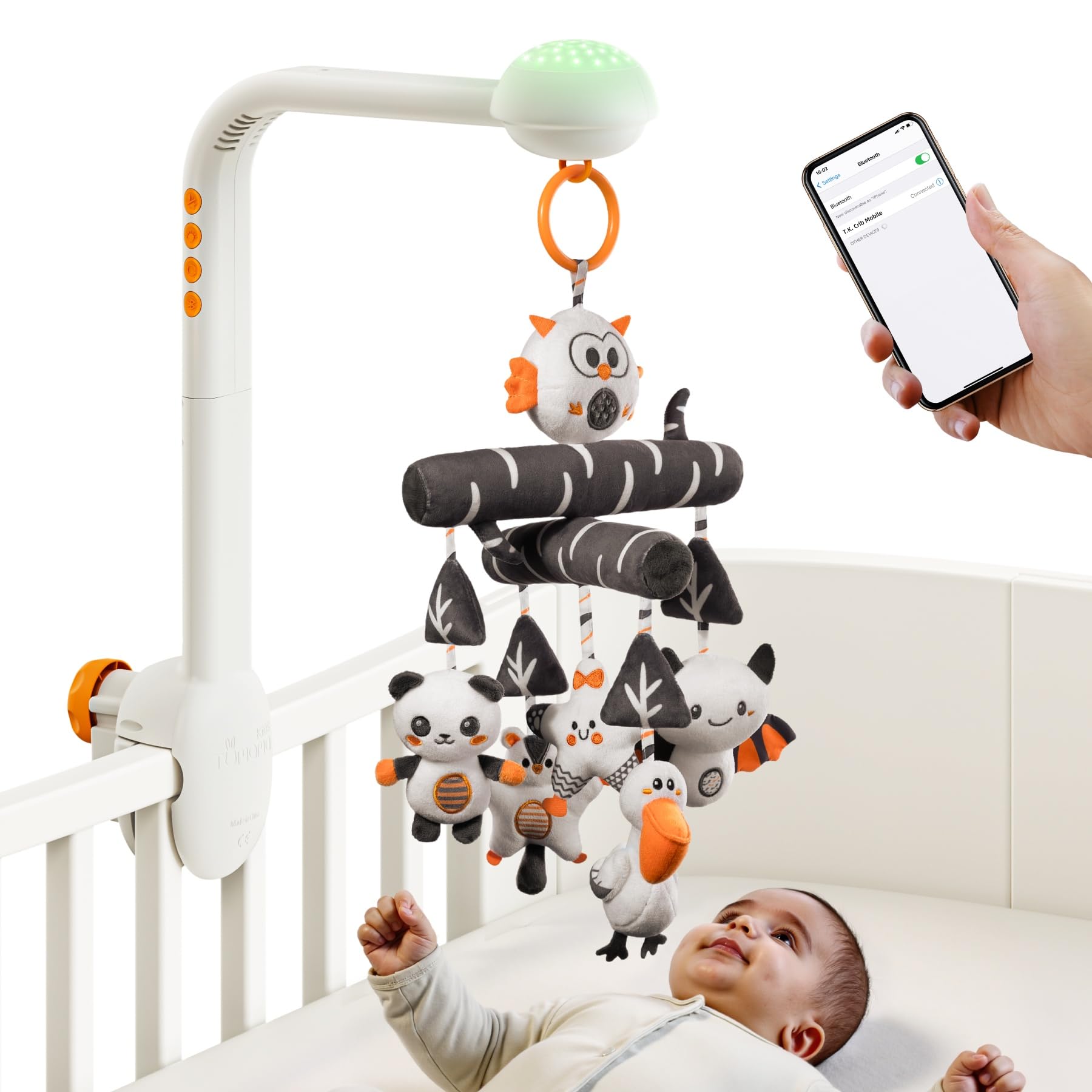 TUMAMA Baby Crib Mobile, High Contrast Baby Crib Toy with Projection Night Light, Music and White Noise, Soft Plush Animal Black