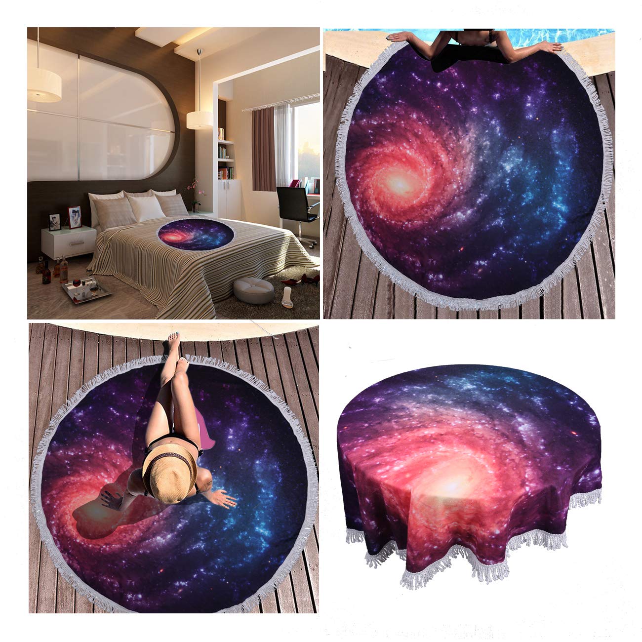 Violet Mist Purple Galaxy Round Beach Towel With Fringe 60 Inch Soft Microfiber Sand Free Funny Large Circle Beach Blanket Throw