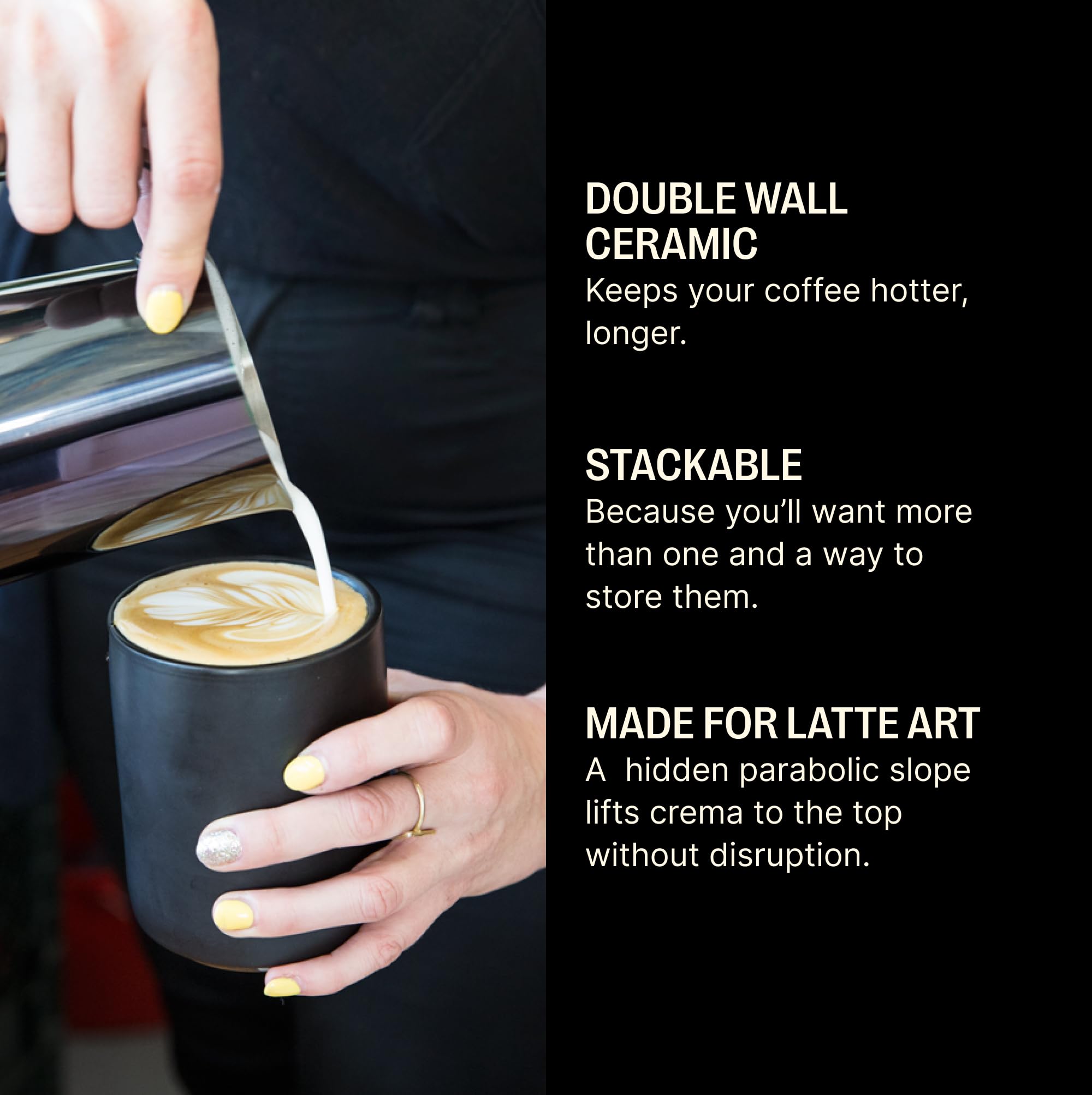 Fellow Monty Milk Art Espresso Cups - Small Double Wall Ceramic Demitasse, Matte Black With Graphite Base, 3 Oz Cup (Set Of 2)