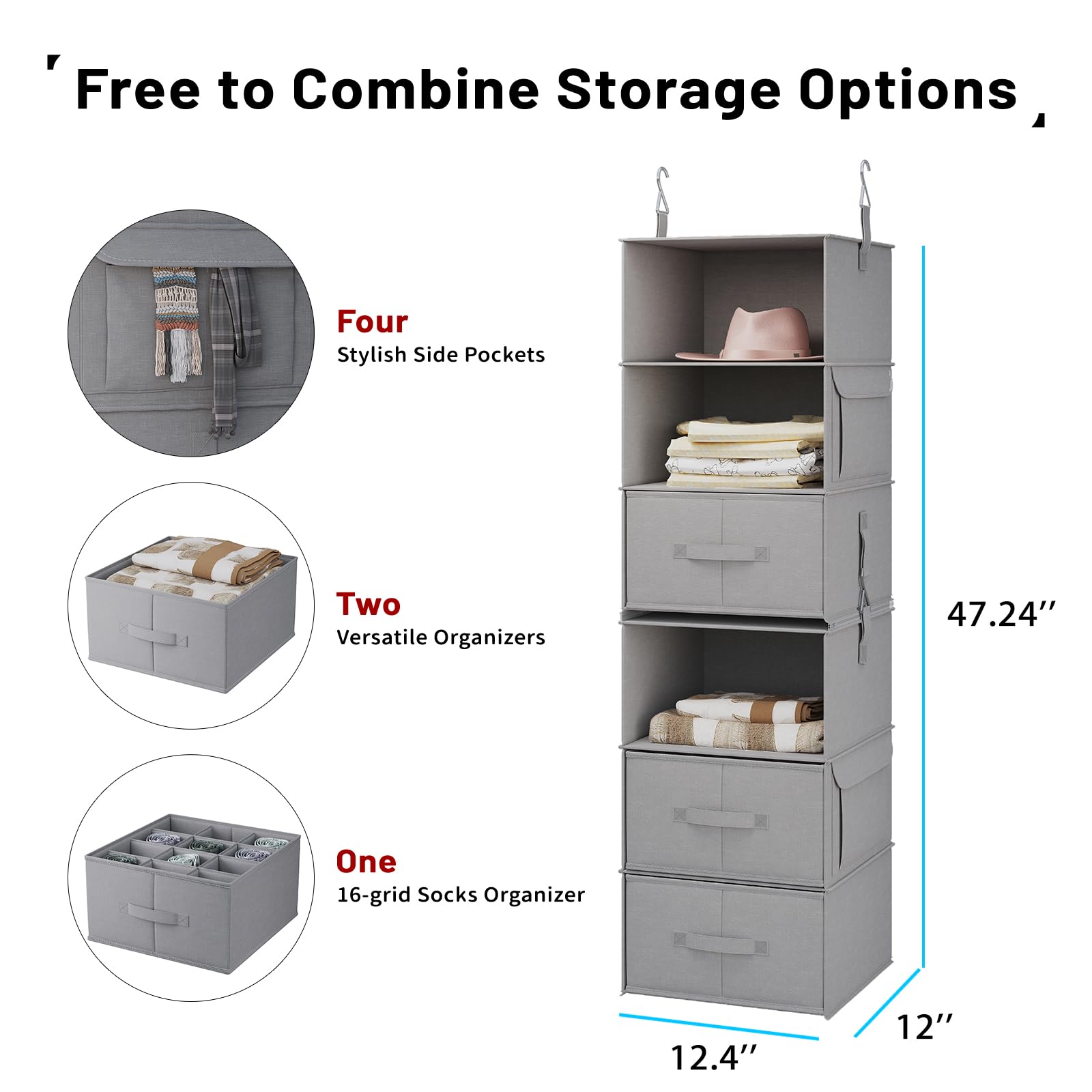 Vailando 6-Tier Hanging Shelves For Closet, Two 3-Shelf Hanging Closet Organizer W/ 4 Side Pockets And 3 Drawers, Combinable For