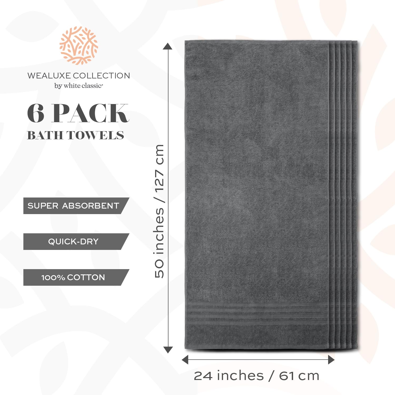 White Classic Wealuxe Grey Towels For Bathroom 6 Pack, Cotton Bath Towel Set For Hotel, Gym, Spa, Soft Extra Absorbent Quick Dry