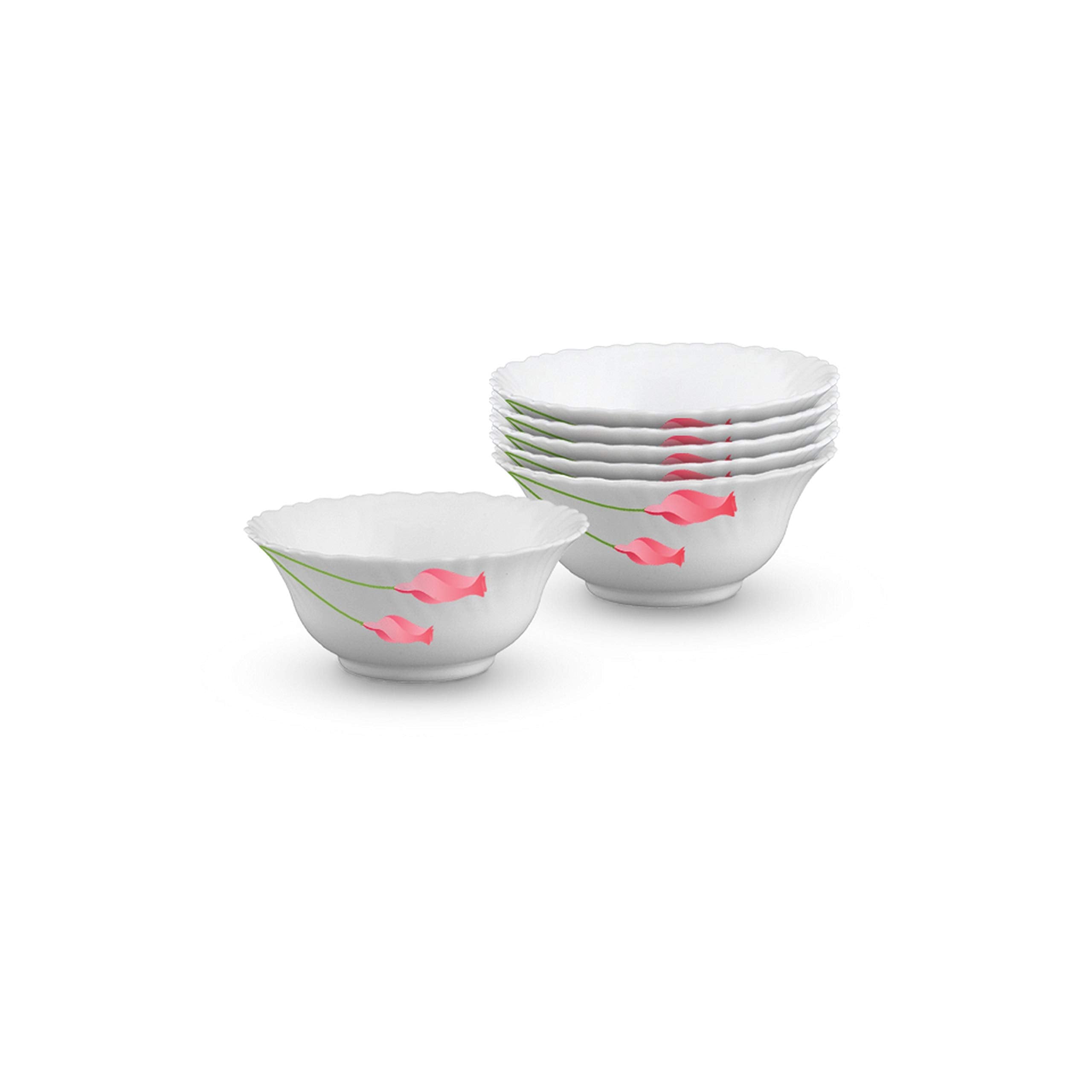 Larah By Borosil Opalware Floral Bowl - Set Of 6, White, 170 Ml