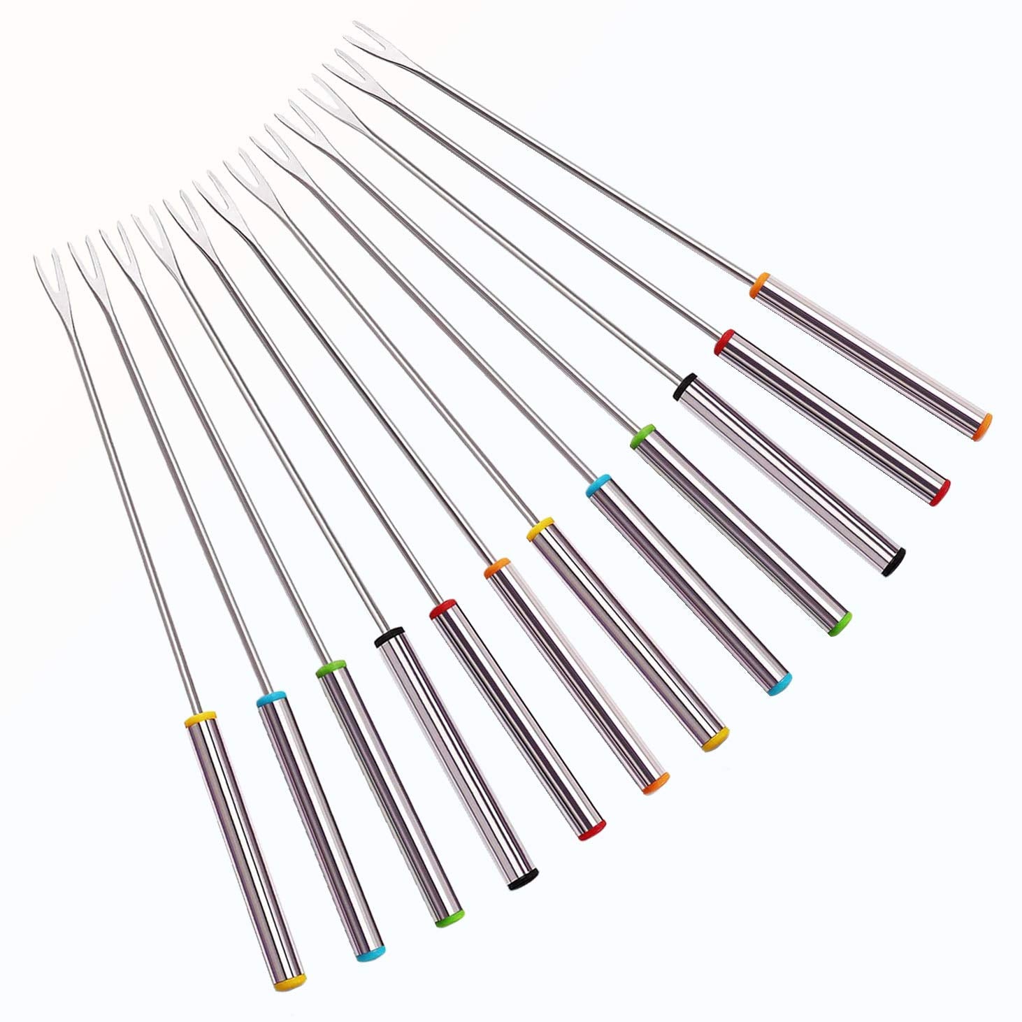 Xatdomesd 12 Pcs Stainless Steel Fondue Forks, Heat Resistant Multicolor Coding Handle, 6 Colors X 2 Set, 9.5 Inch