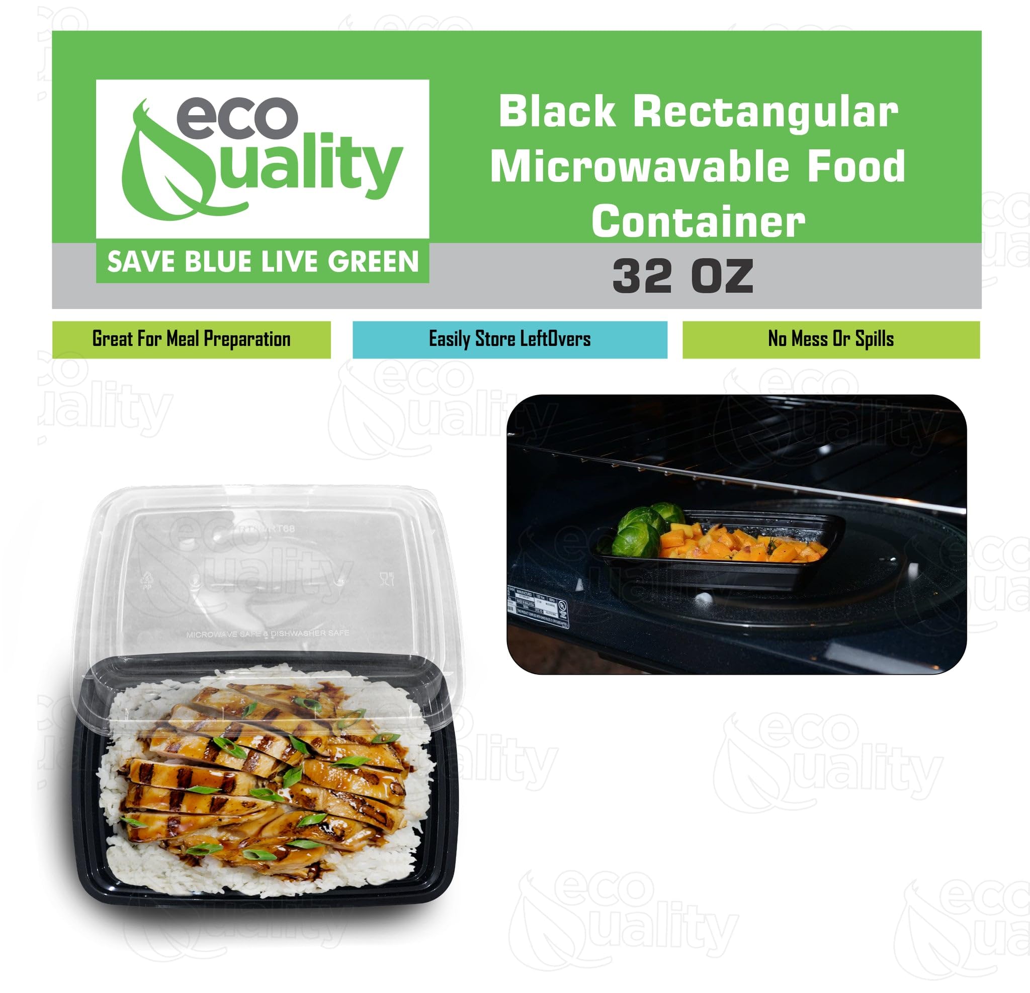 32 Oz Reusable Food Storage 100 Pack Containers With Lids By Ecoquality - Rectangular Bpa Free Freezer, Microwave & Dishwasher S