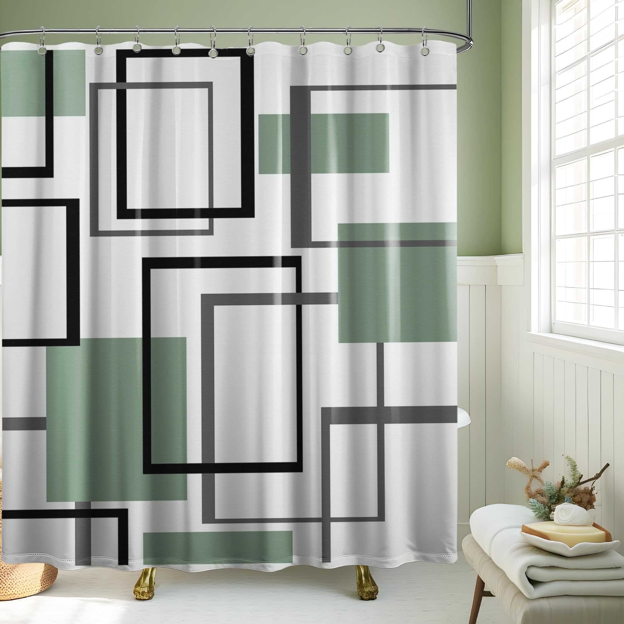 Yieldeer Green And White Shower Curtain Geometric Black And Green Shower Curtains For Mens Bathroom Decor Bath Curtain Set, Wate