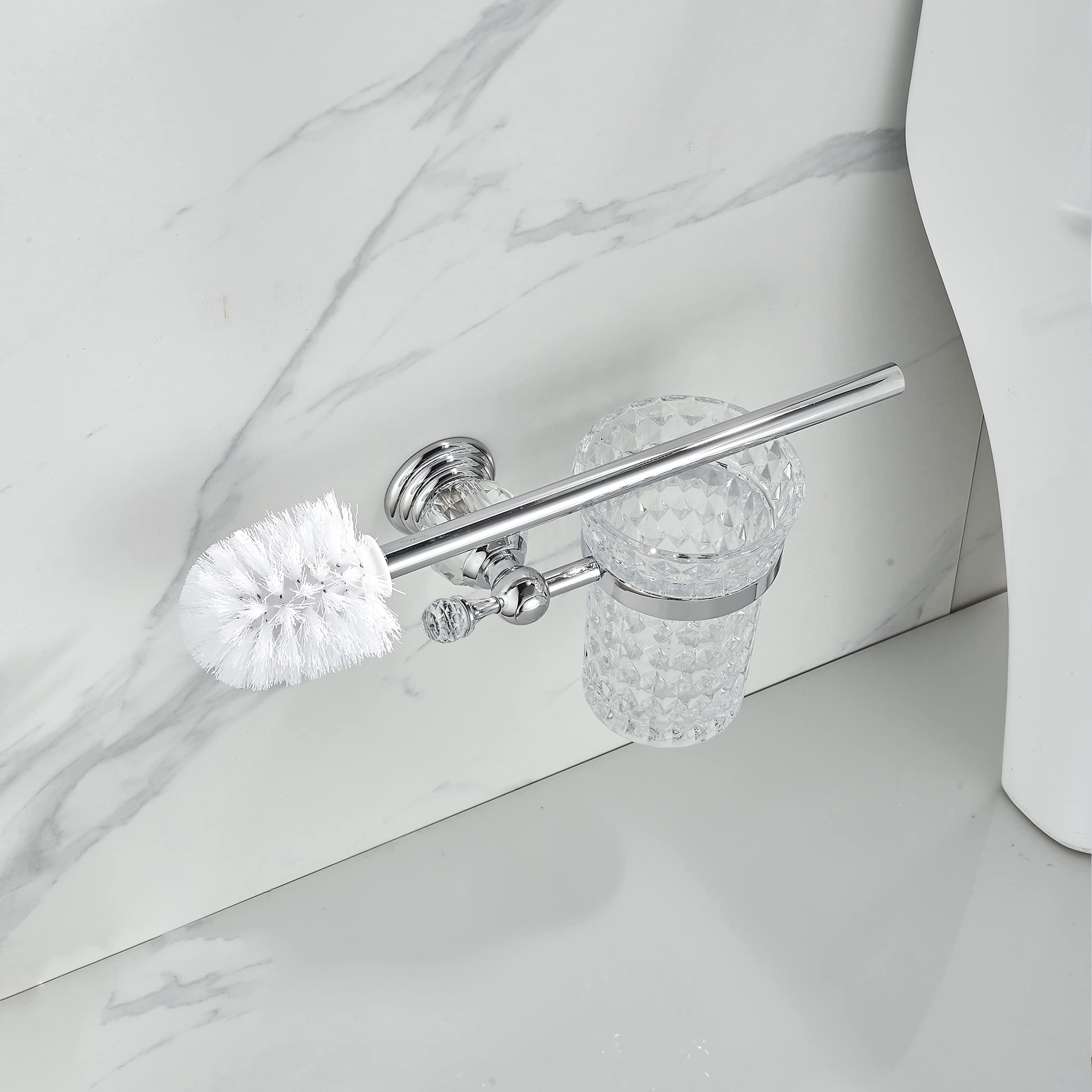 Wolibeer Crystal Toilet Brush Holder, Chrome Toilet Cup Set With Polished Silver Brush Handle Wall Mounted For Bathroom - Decora