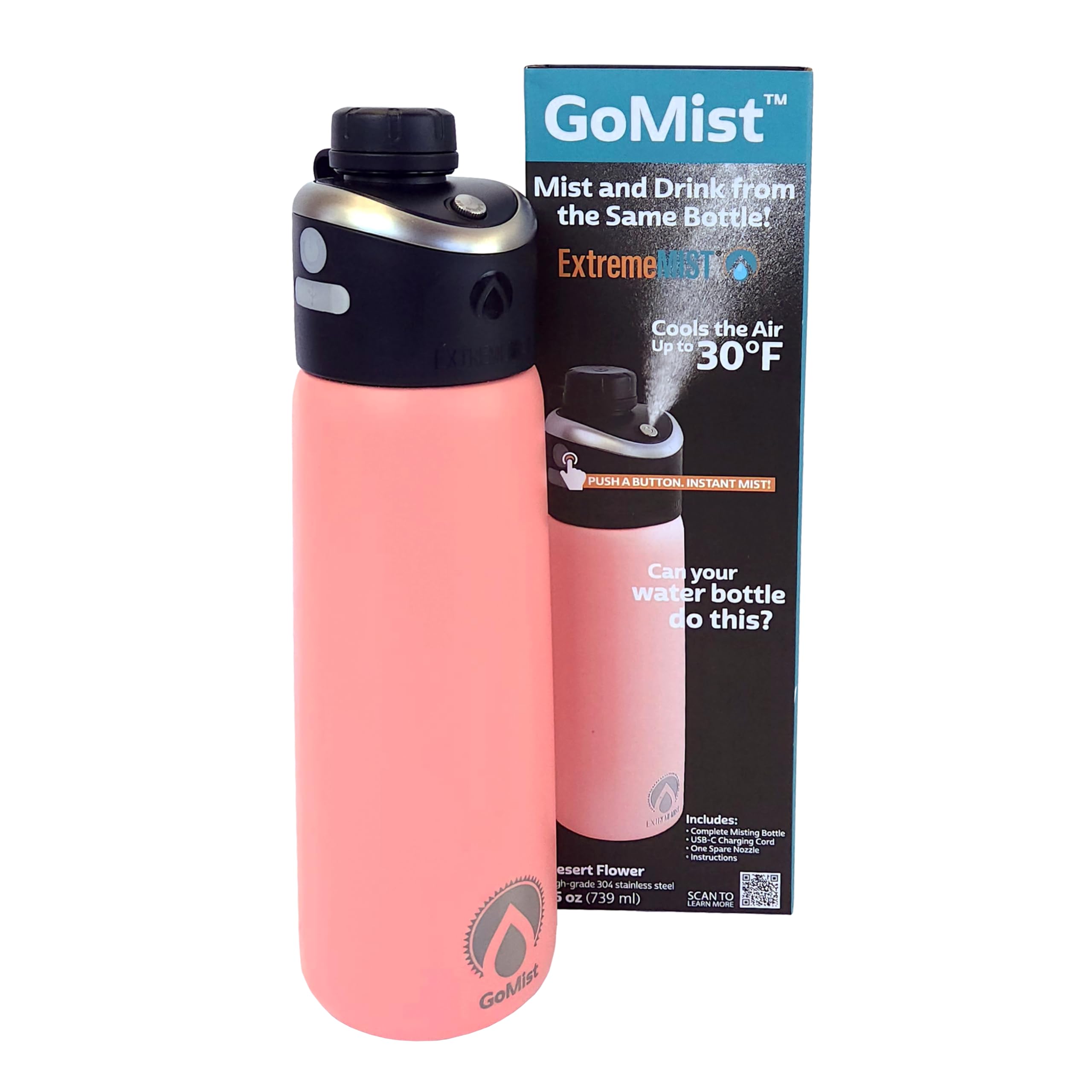 GoMist Misting & Drinking Bottle | Rechargeable Mist & Sip Water Bottle | Quick Charge USB-C Port | 2-Speed Mist Function | Stai