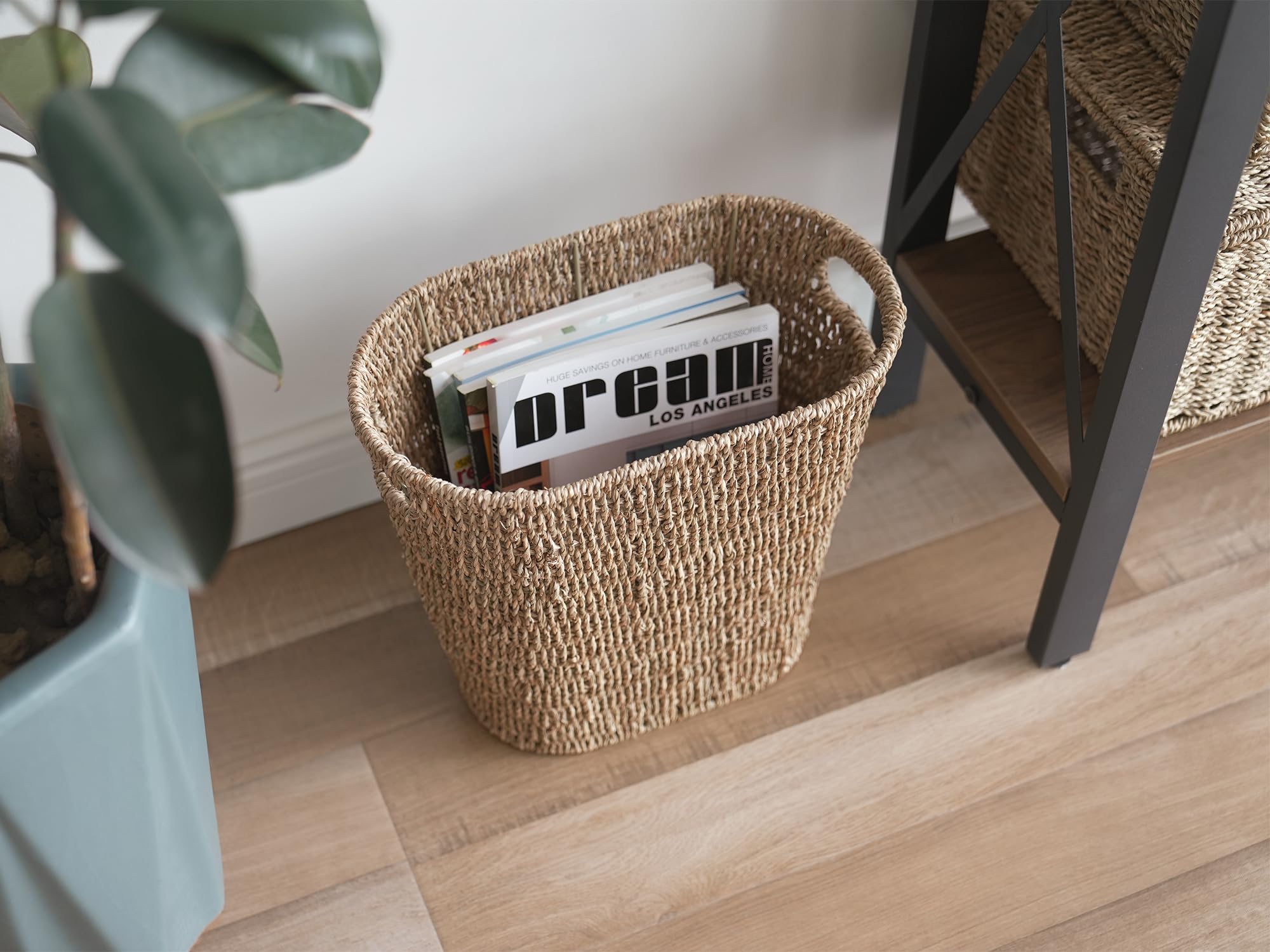 Storageworks Wicker Waste Basket, Wicker Trash Basket With Built-In Handles, Handwoven Seagrass Trash Can, Wicker Garbage Can Fo
