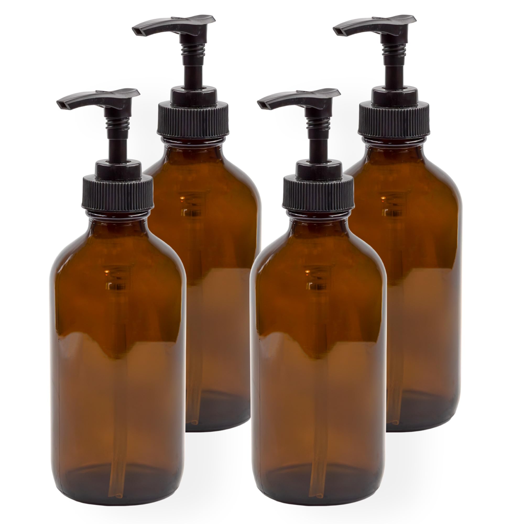 Cornucopia 8oz Glass Pump Bottles (4Pack, Amber Brown), Lotion Soap Dispensers w/Black Plastic Pumps