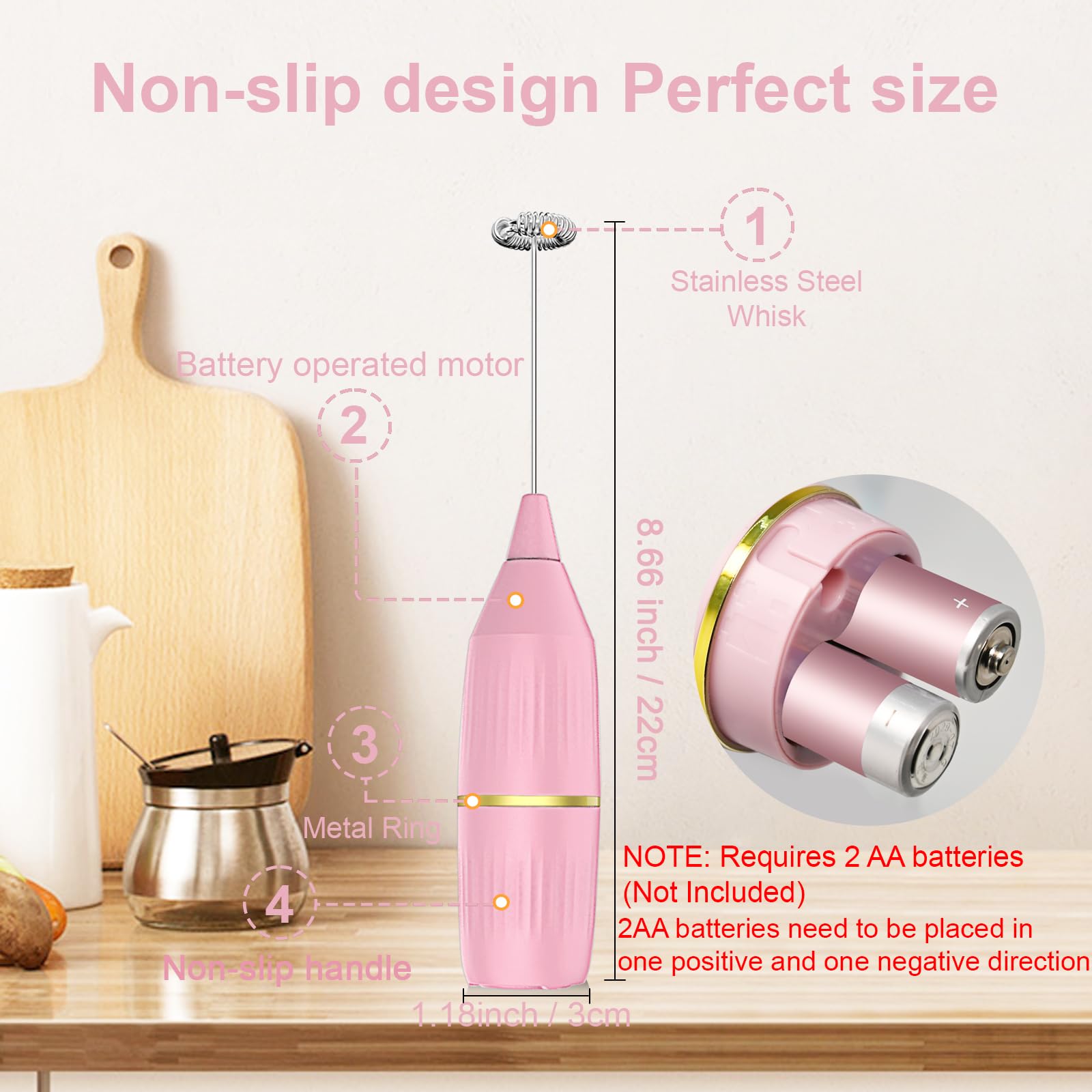 Handheld Milk Frother Wand For Coffee, Matcha, Latte, Cappuccino, Hot Chocolate, Egg, Pink