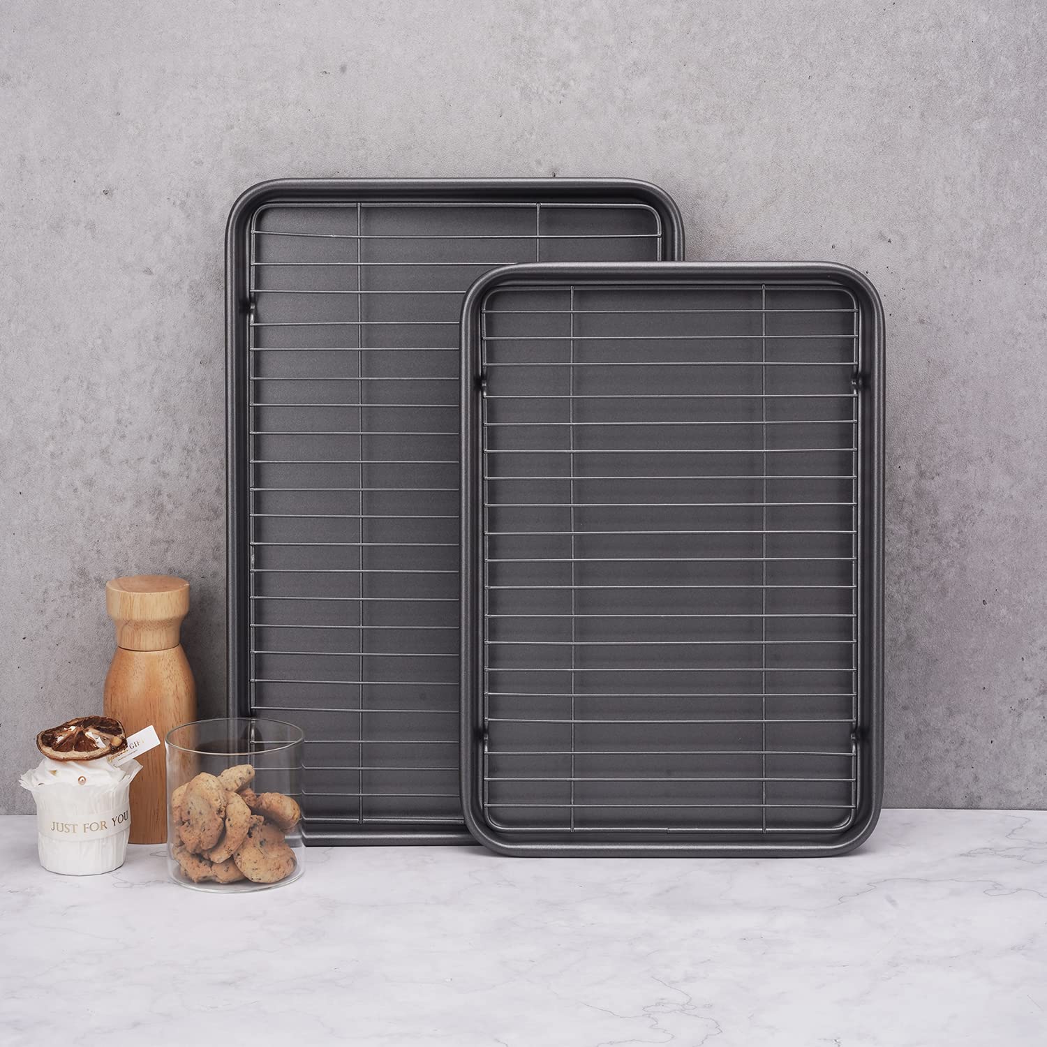Hytk Nonstick Quarter 1/4 Cookie Baking Sheet Pan With Cooling Rack 13.58X 9.84 Inch (Inner 12.8X9.06) Toaster Oven Tray Carbon