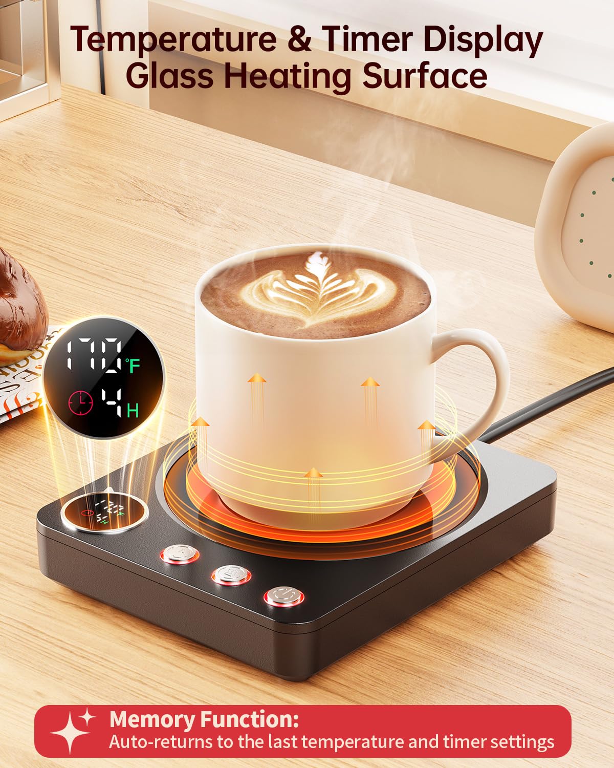 SWEETFULL Mug Warmer - 36W, 3 Temp Settings, LED Display, Timer, Black