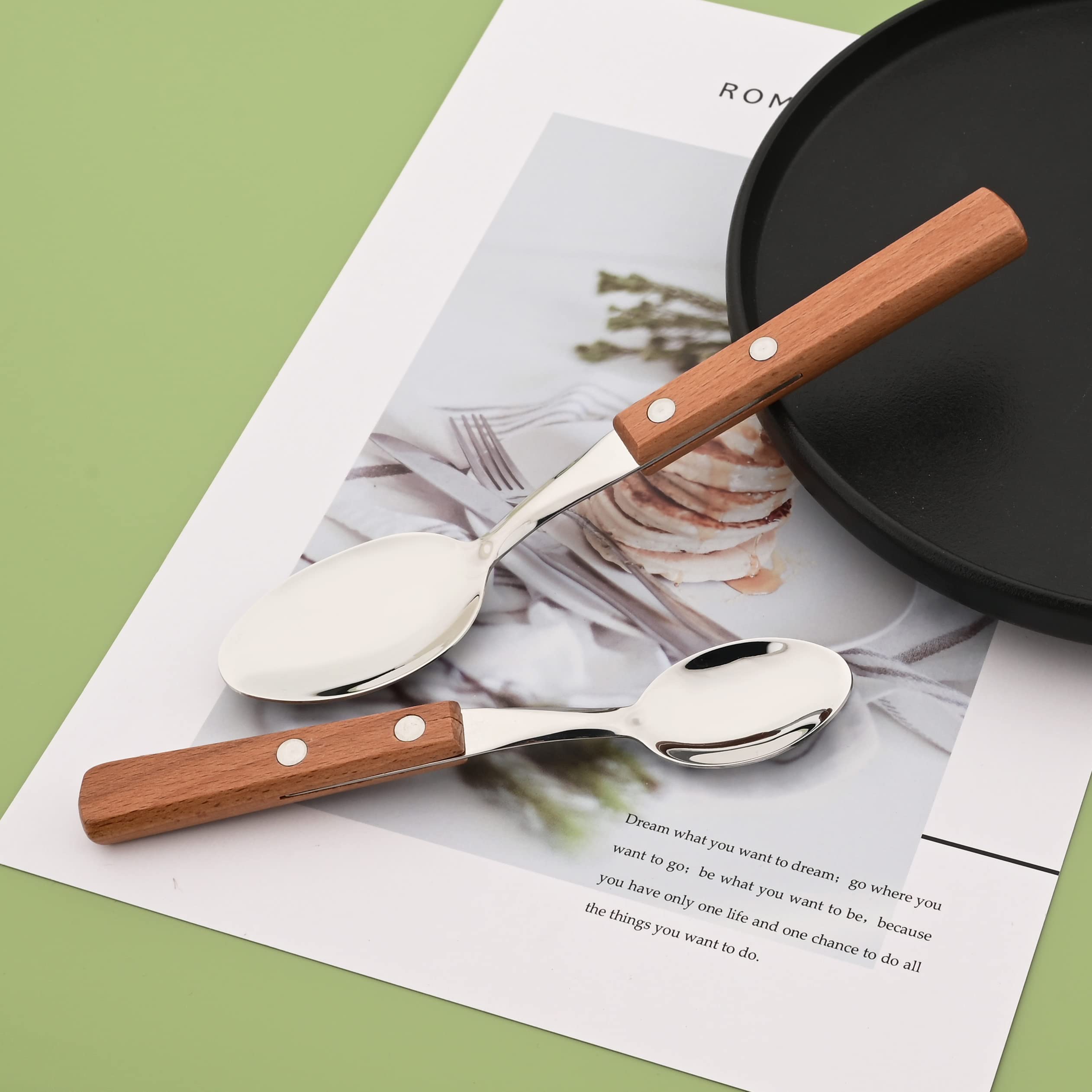Natural Wood Dinner Spoons Set, Uniturcky 7.9'' Spoons Silverware, 304 Stainless Steel Table Spoon With Wooden Handle, Rivet Han