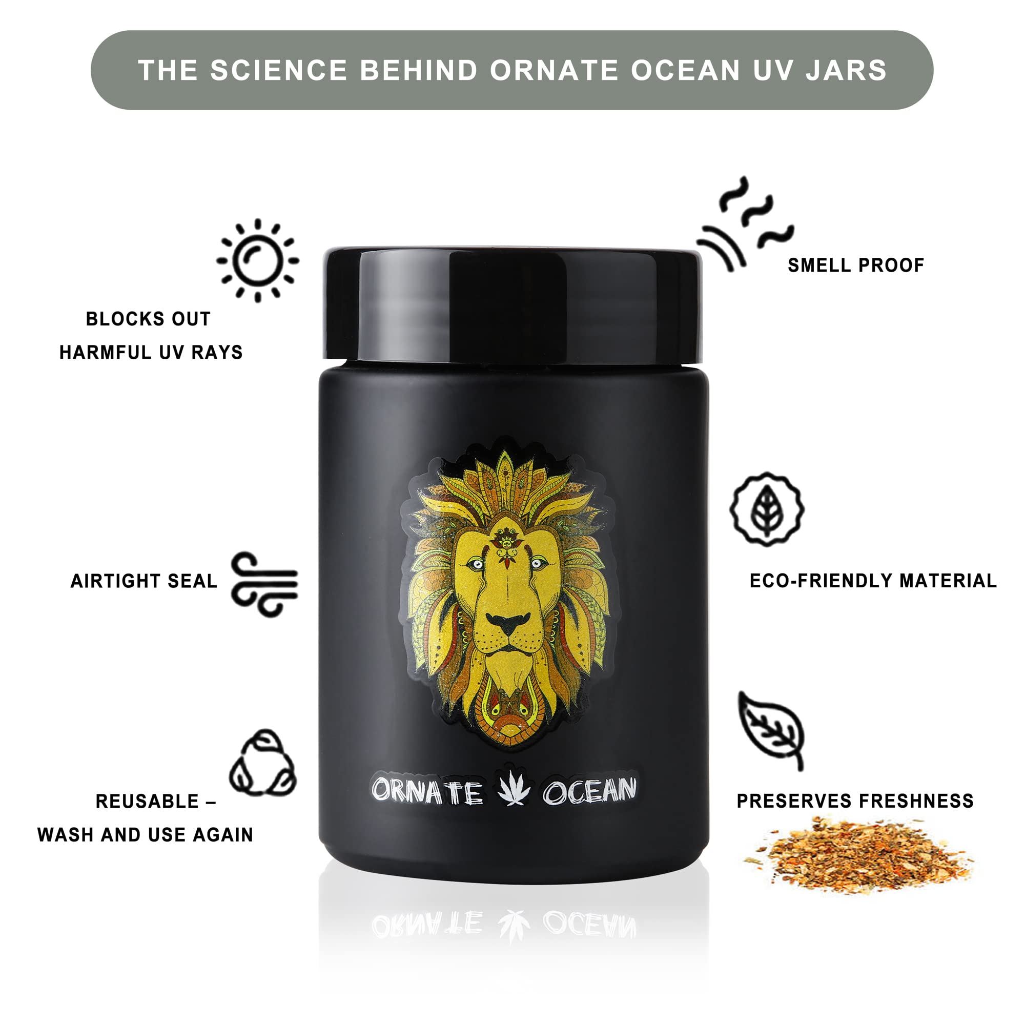 Ornate Ocean 4-Pack 250Ml Uv Glass Stash Jars Lion King - 4 Piece Set Multipurpose Storage Containers - Convenient Airtight Smel