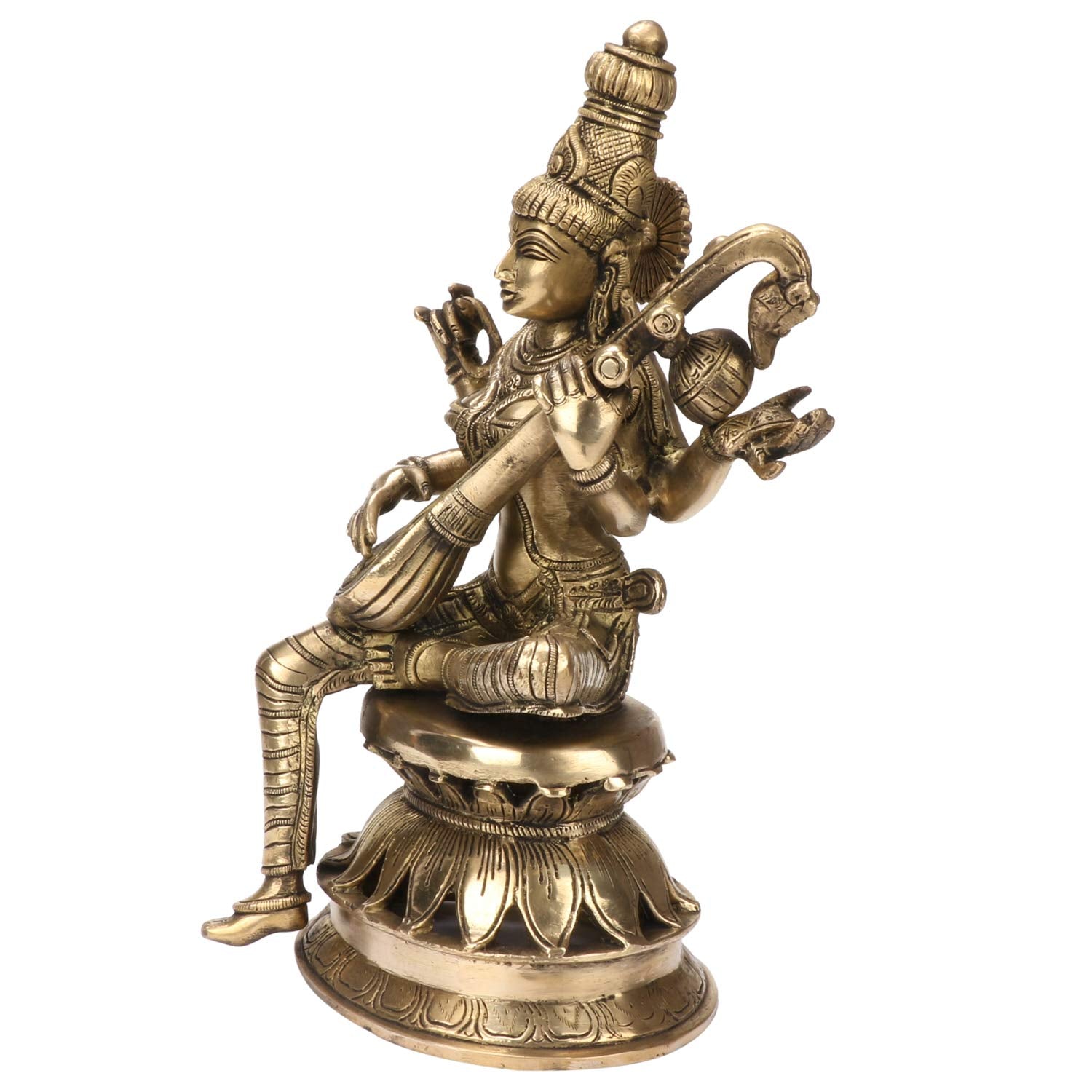 Kartique Brass Saraswati Idol With Veena, Antique Gold Finish, 12 Inches Height, For Home Decor, Pooja Room, And Gifts