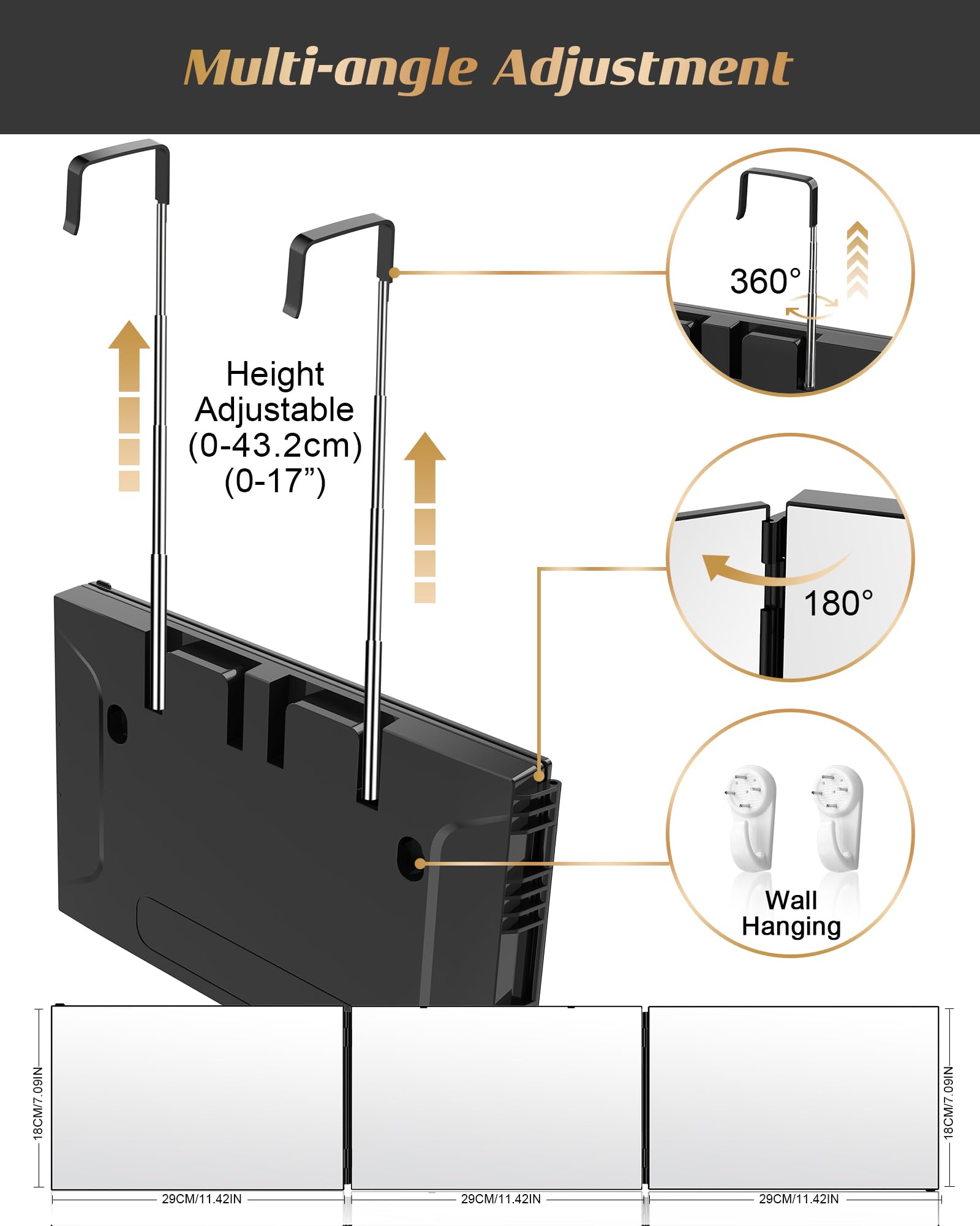 Jusron 3 Way Mirror For Hair Cutting, 360 Mirror With Height Adjustable Hooks For Door, Bathroom, Portable Trifold Shaving Barbe