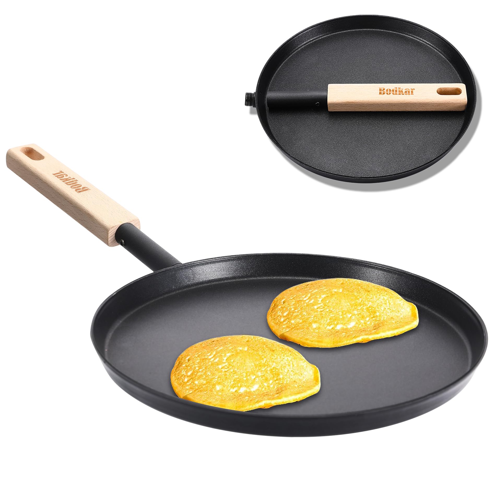 Bodkar Frying Pan Skillet 8-Inch Flat Griddle Pan, Lightweight Grill Pan With Wooden Handle For Camping Indoor Outdoor Cooking