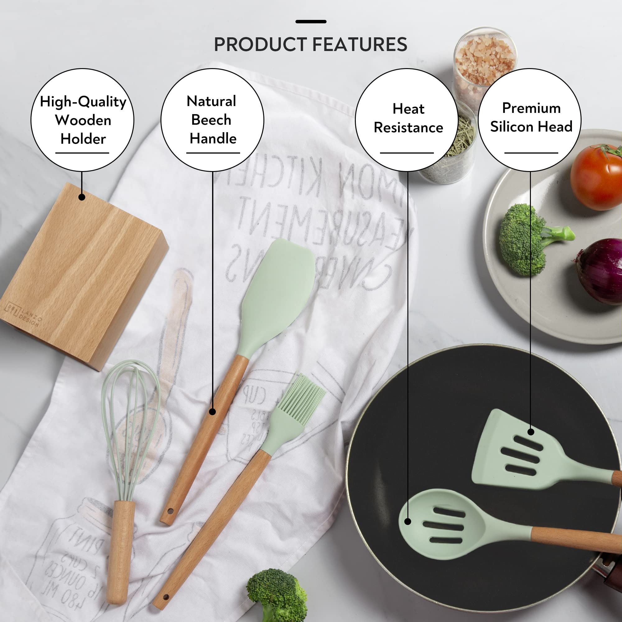 Lanzo Design Kitchen Utensil Set, 13 Pcs Non-Stick Silicone Cooking Utensils Spatula Set With Wooden Holder (Mint)
