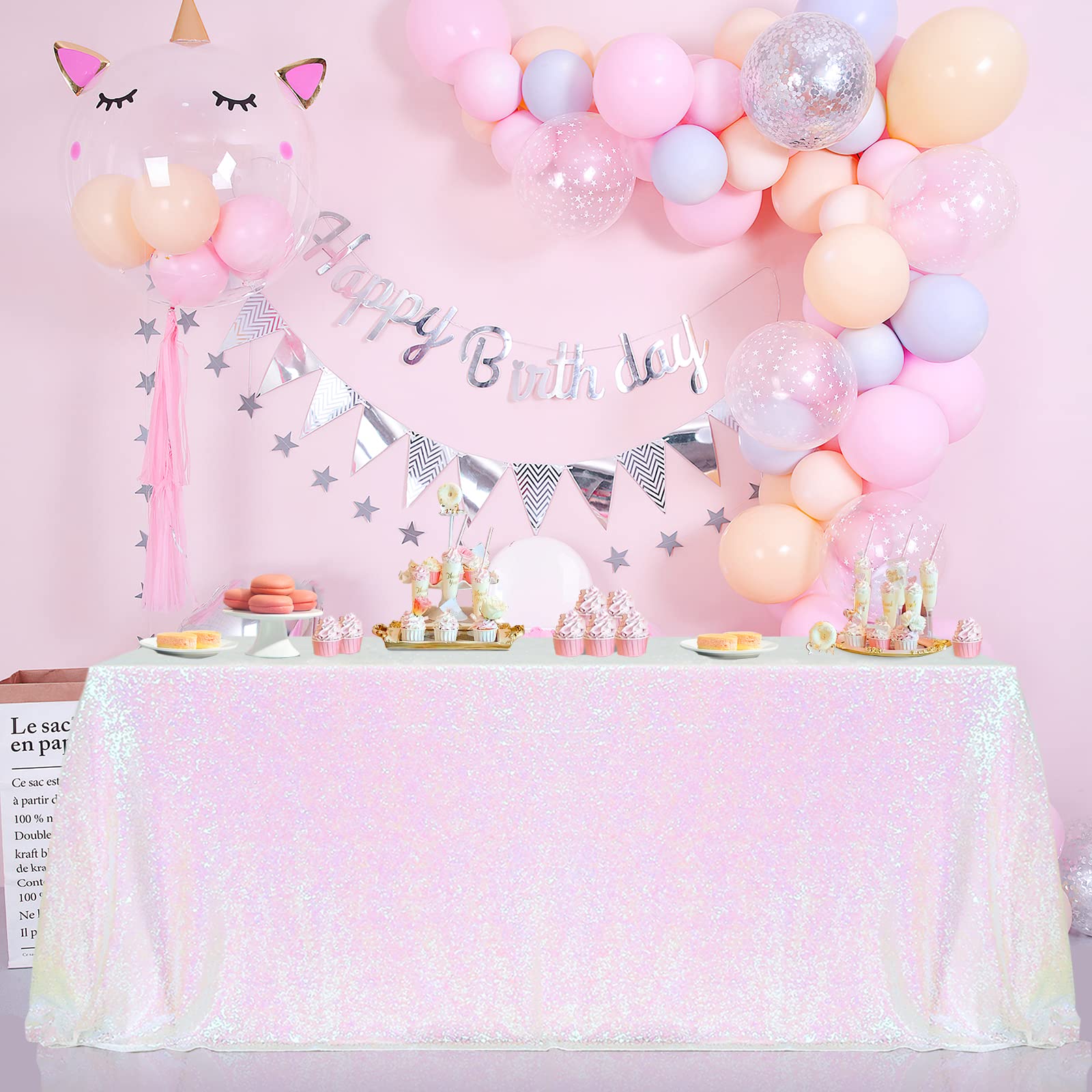 B-COOL Sequin Tablecloth White Iridescent Table Overlay Rainbow Table Cloths 90x132inch Seamless Tablecloth Sparkly Wedding Part
