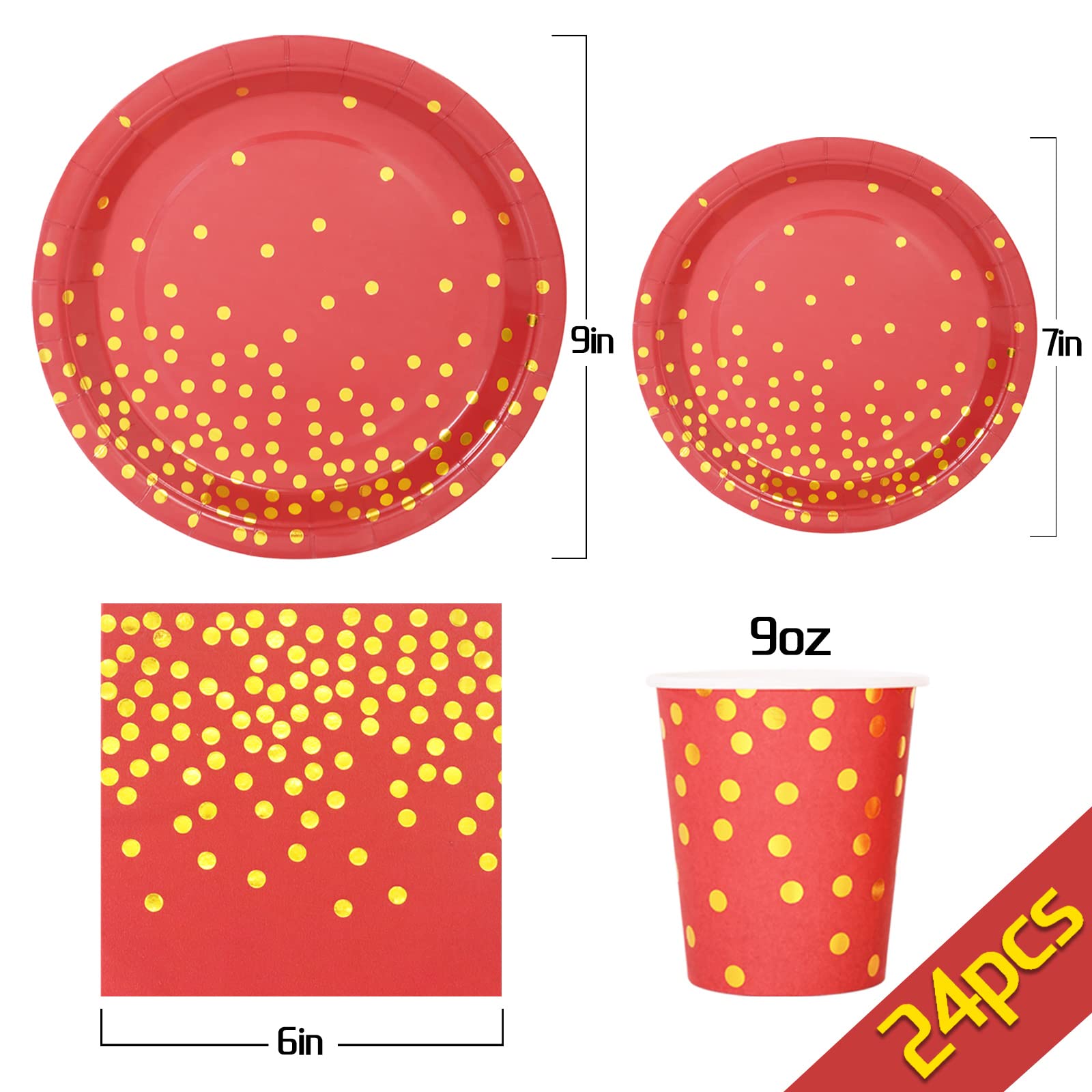 Gudvilla 168Pcs Red And Gold Party Decorations, Red Plates And Napkins Serve 24, Red Paper Plates, Red And Gold Plates For Birth