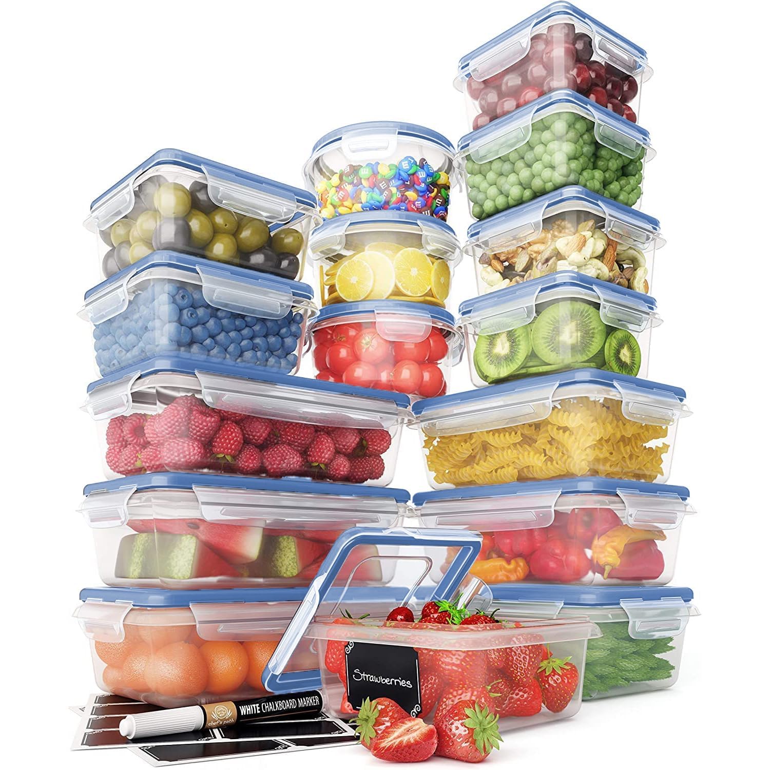 Chefs Path 32 Piece Airtight Food Storage Containers with Royal Blue Easy Snap Lids, 16 Containers and Lids, Stackable Kitchen 