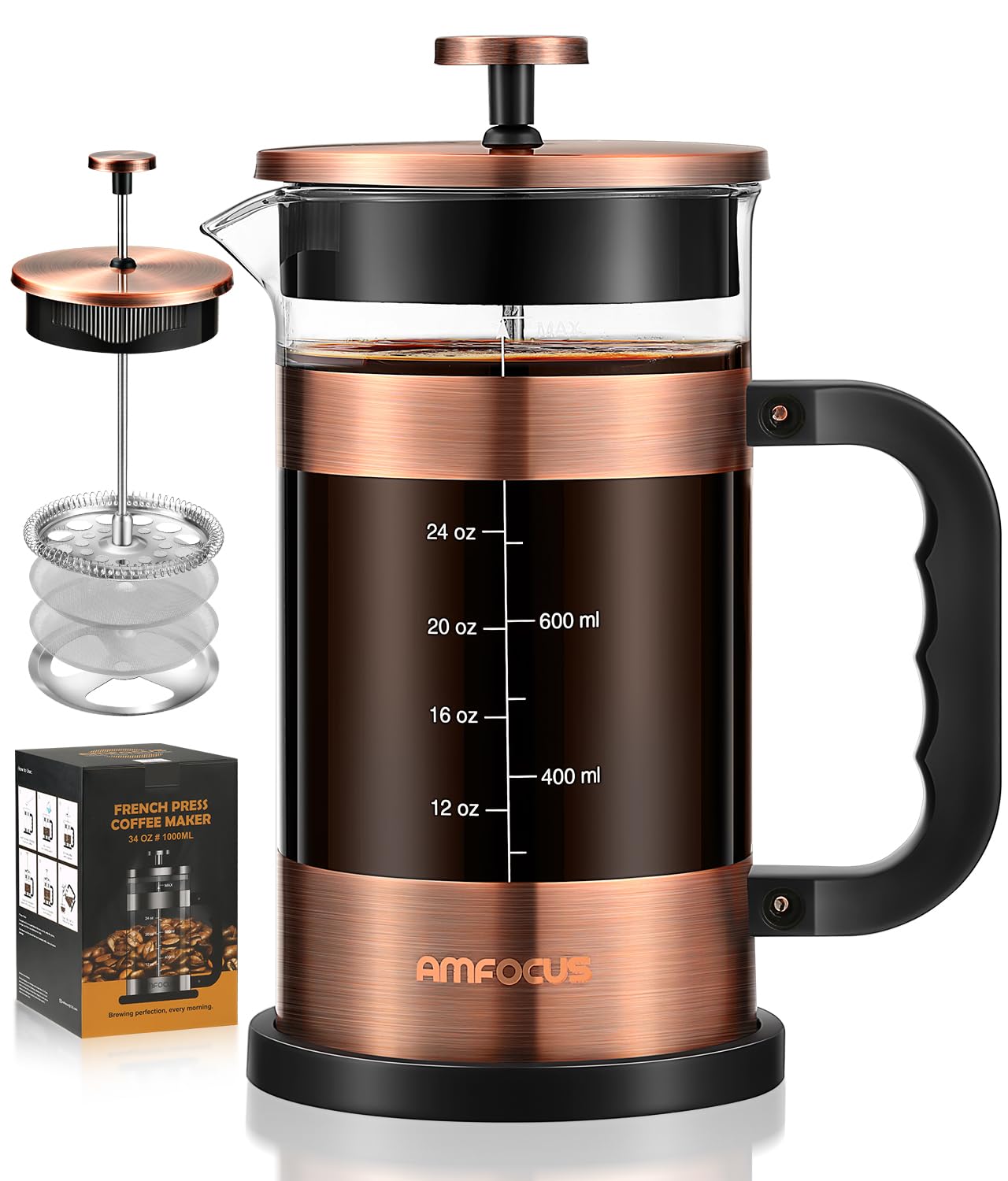 Amfocus French Press Coffee Maker - 34 Ounce Classice Stainless Steel With 4-Level Filtration System, Heat Resistant Thickness B