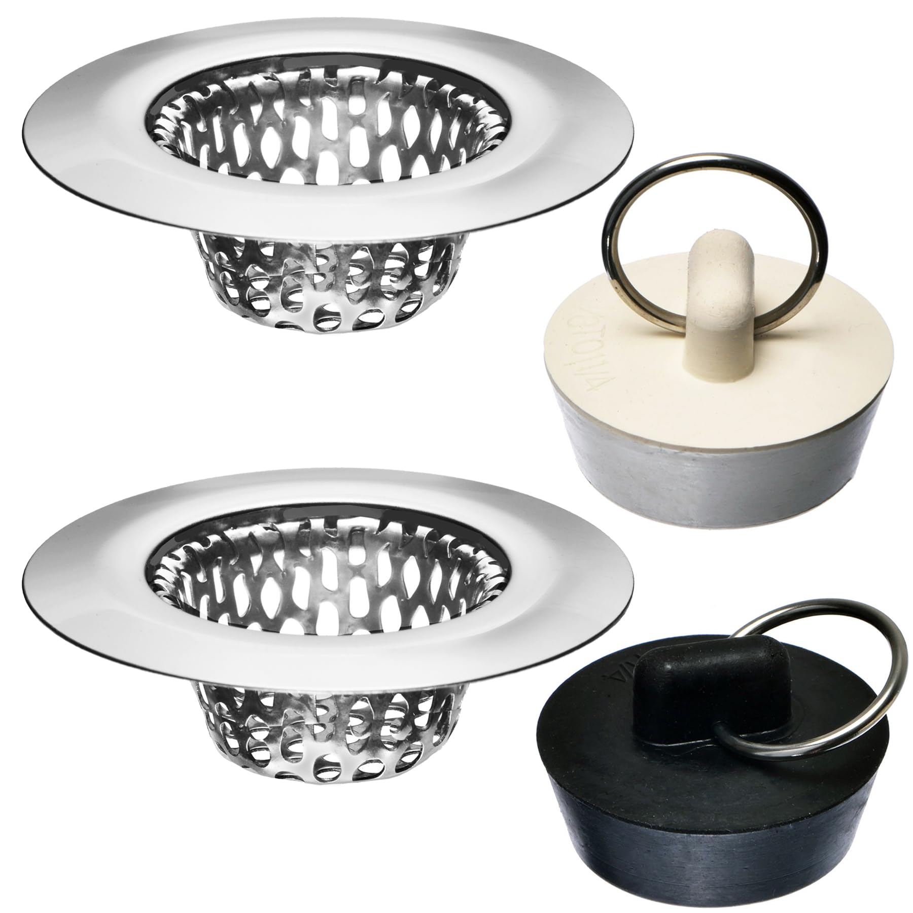 4 Pack - Bathroom Sink Strainers and Stopper Plug Combo - 2.125'' Top / 1'' Basket  Stainless Steel Strainers and Rubber Plug Stopper for Standard Bathroom Sink  Utility  Slop  Lavatory and RV Sink
