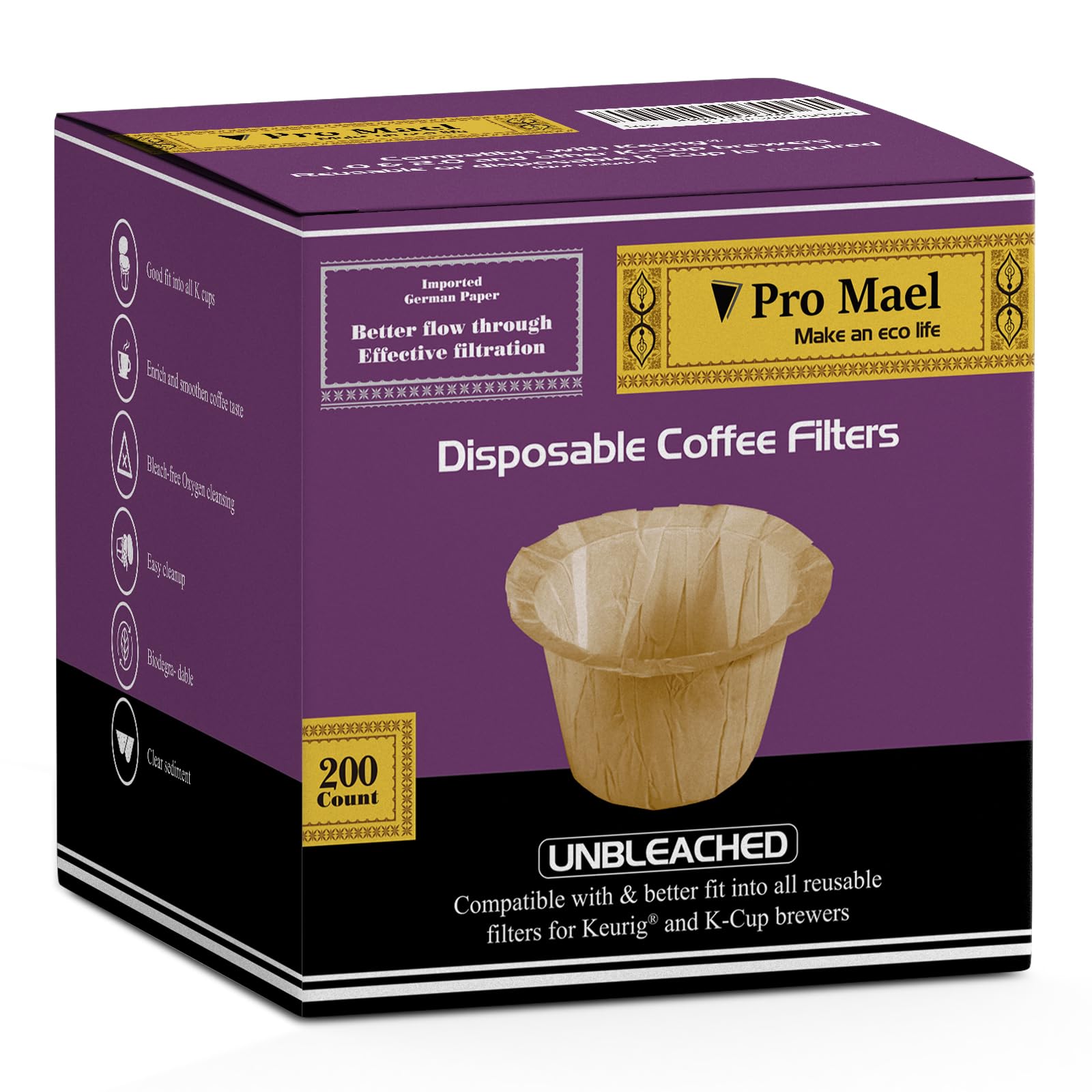 Pro Mael 200 Count Disposable K Cup Coffee Filters For Keurig Single Cup, Use With Resusable K Cups, Natural Unbleached