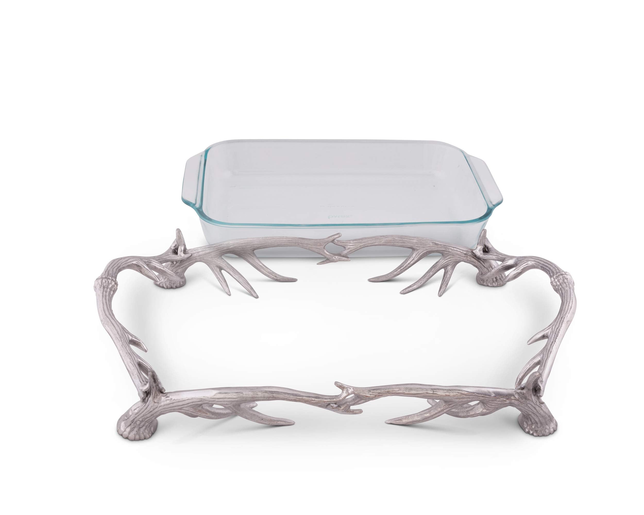 Arthur Court Metal Pyrex Glass Casserole Dish Holder Rustic Antler Pattern Sand Casted In Aluminum With Artisan Quality Hand Pol