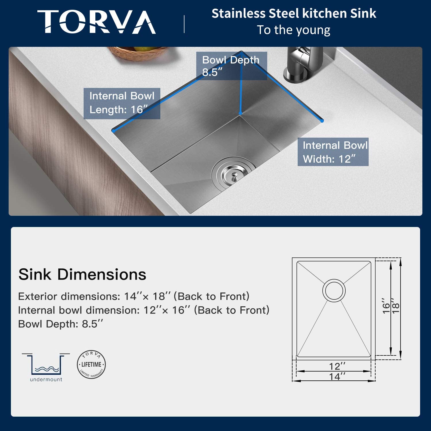 TORVA 14 x 18 Inch Undermount Kitchen Sink  16 Gauge T-304 Stainless Steel Single Bowl Wet Bar or Prep Sink with Zero-Radius Corners