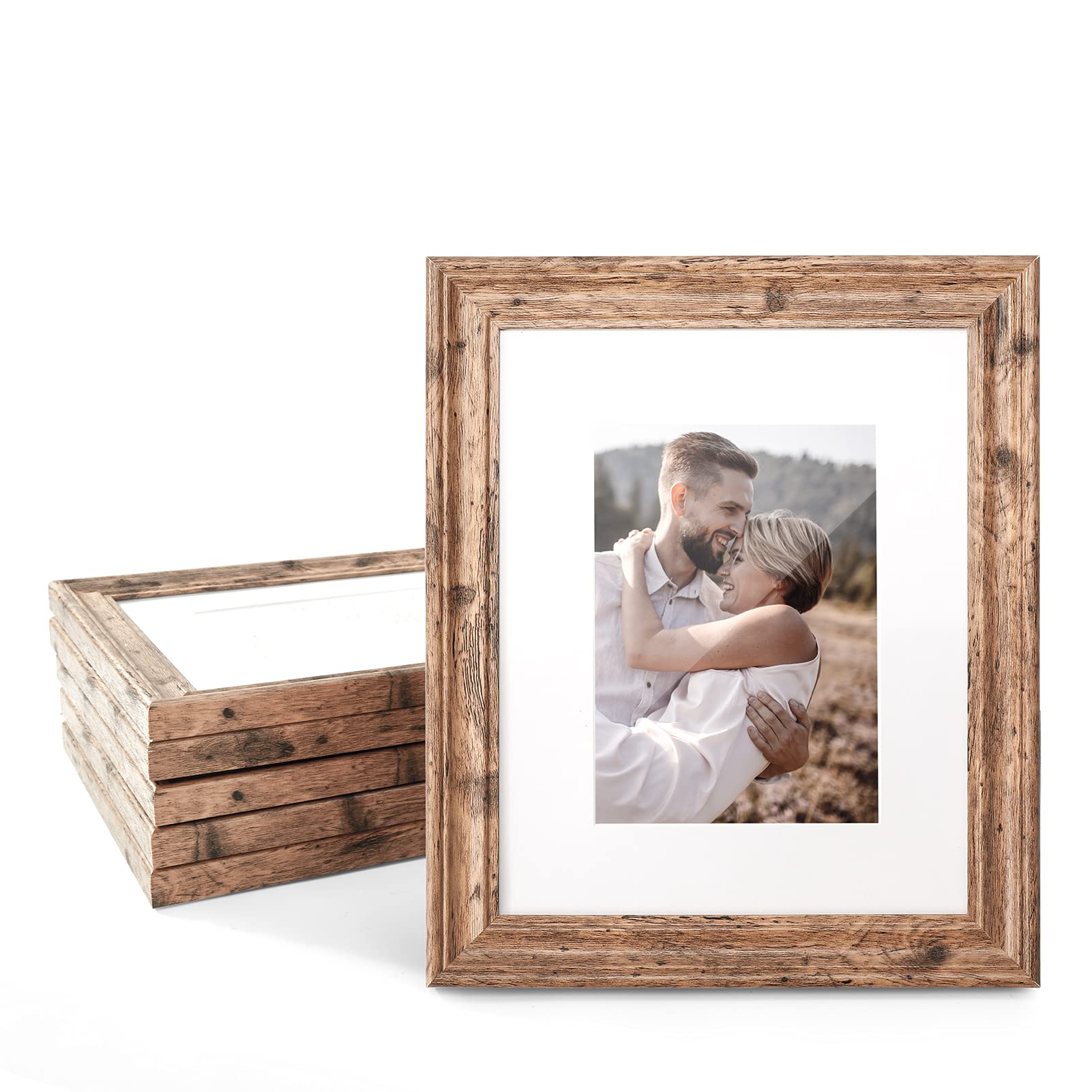 TWING 8x10 Picture Frame Set of 6, Vintage Walnut Photo Frames Display Pictures 5x7 with Mat or 8X10 Without Mat, Tabletop Displ