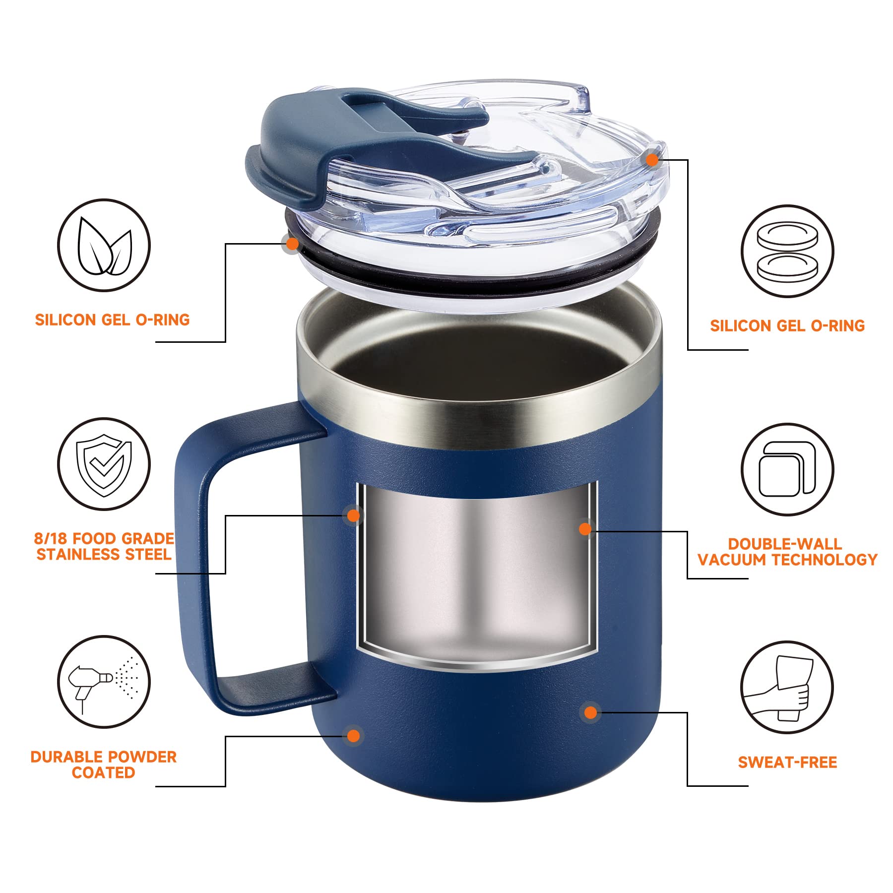 Aloufea 12Oz Stainless Steel Insulated Coffee Mug With Handle, Double Wall Vacuum Tumbler Cup With Fliping Lid, Navy, 4 Pack