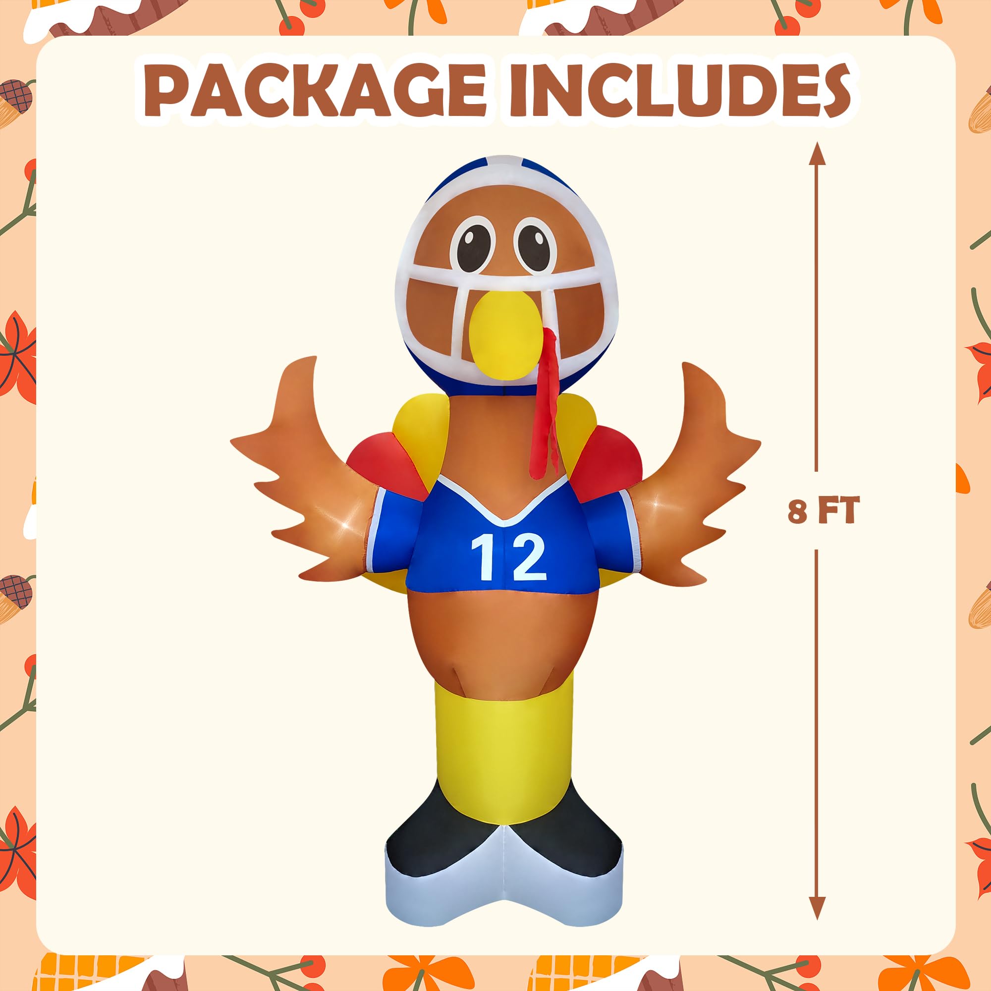 eLUUGIE 8ft Football Thanksgiving lnflatable Turkey Outdoor Decorations Blow Up Yard Turkey with Built-in LEDs for Yard//Garden/
